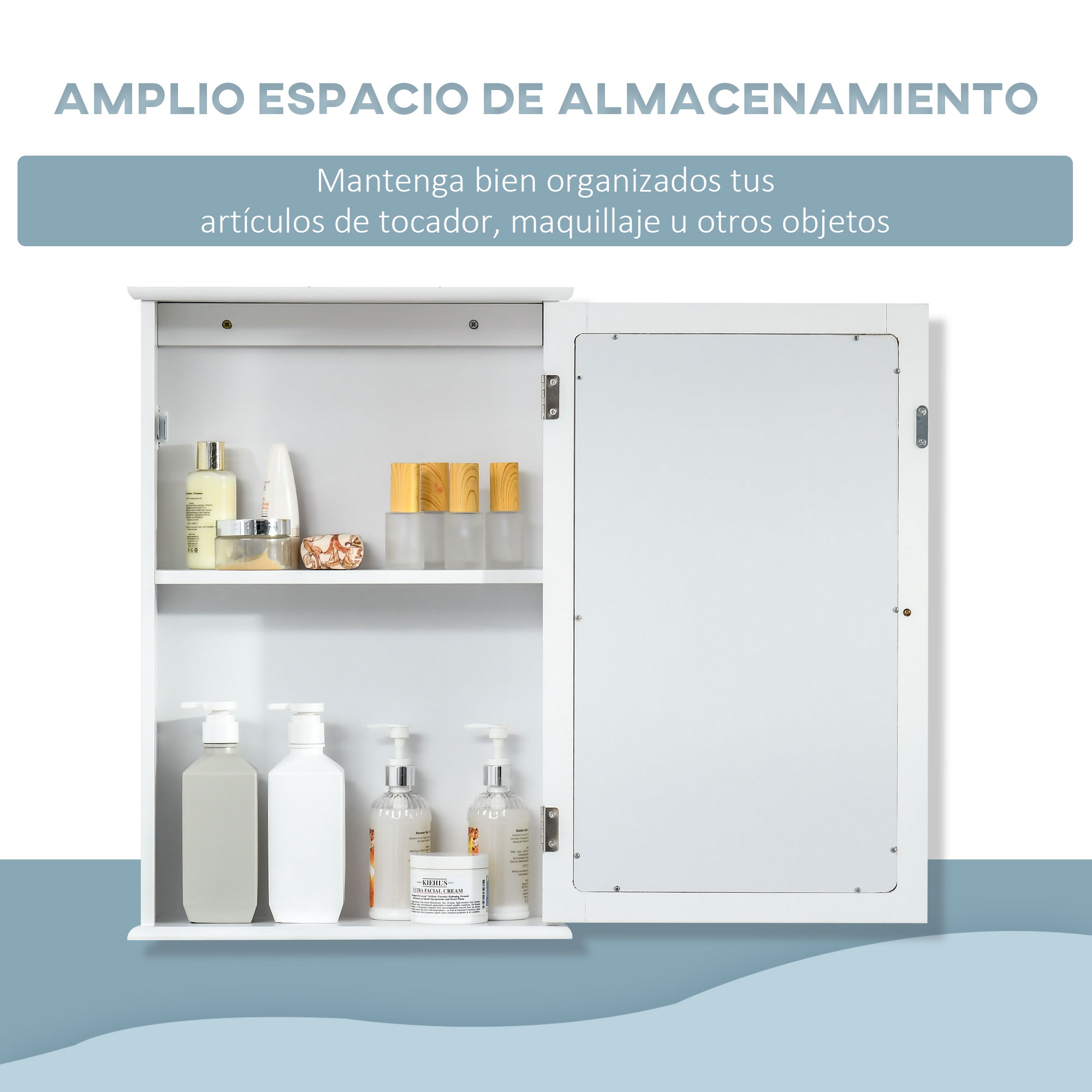 Un botiquín blanco abierto con artículos de tocador y cosméticos en sus estantes.