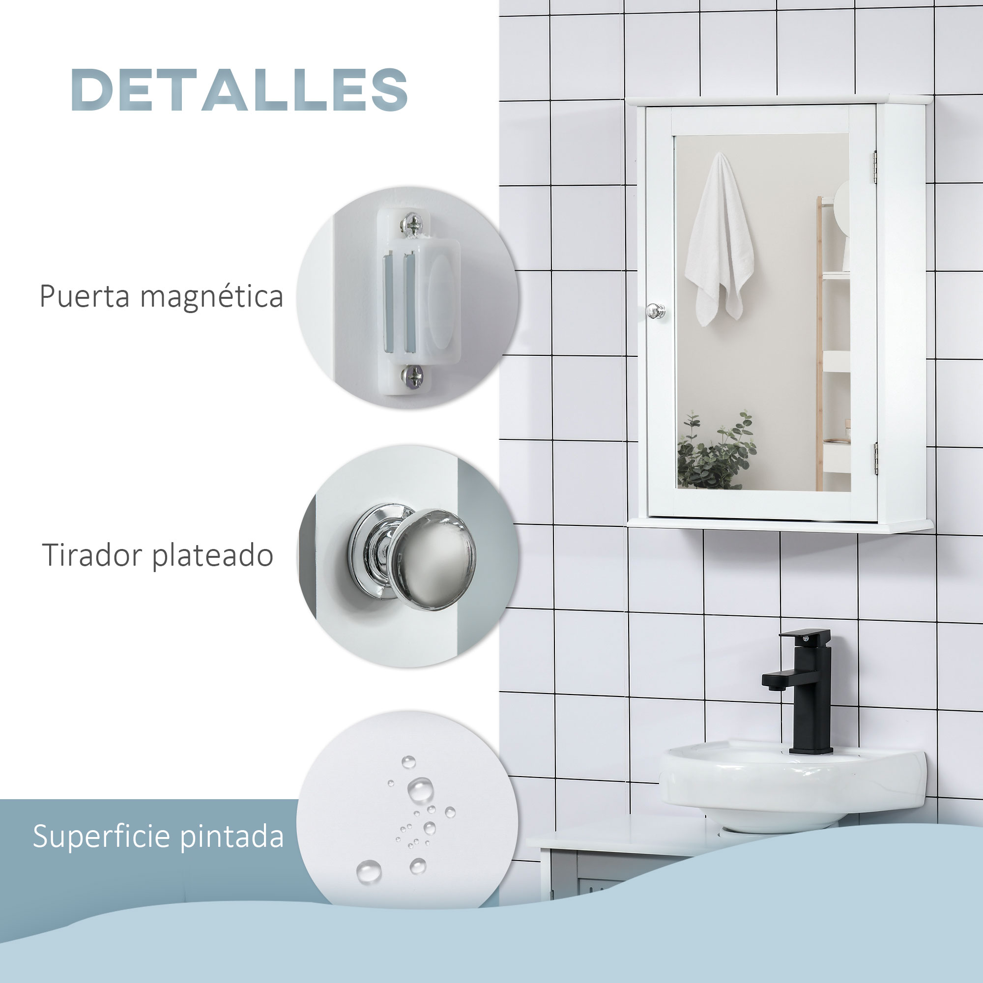 Un botiquín blanco con un tirador plateado sobre un lavabo pequeño.