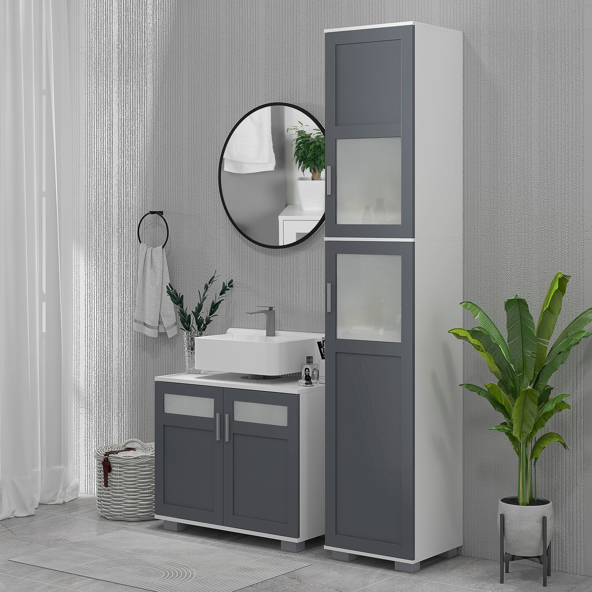 Baño moderno con tocador gris, lavabo, espejo y planta.