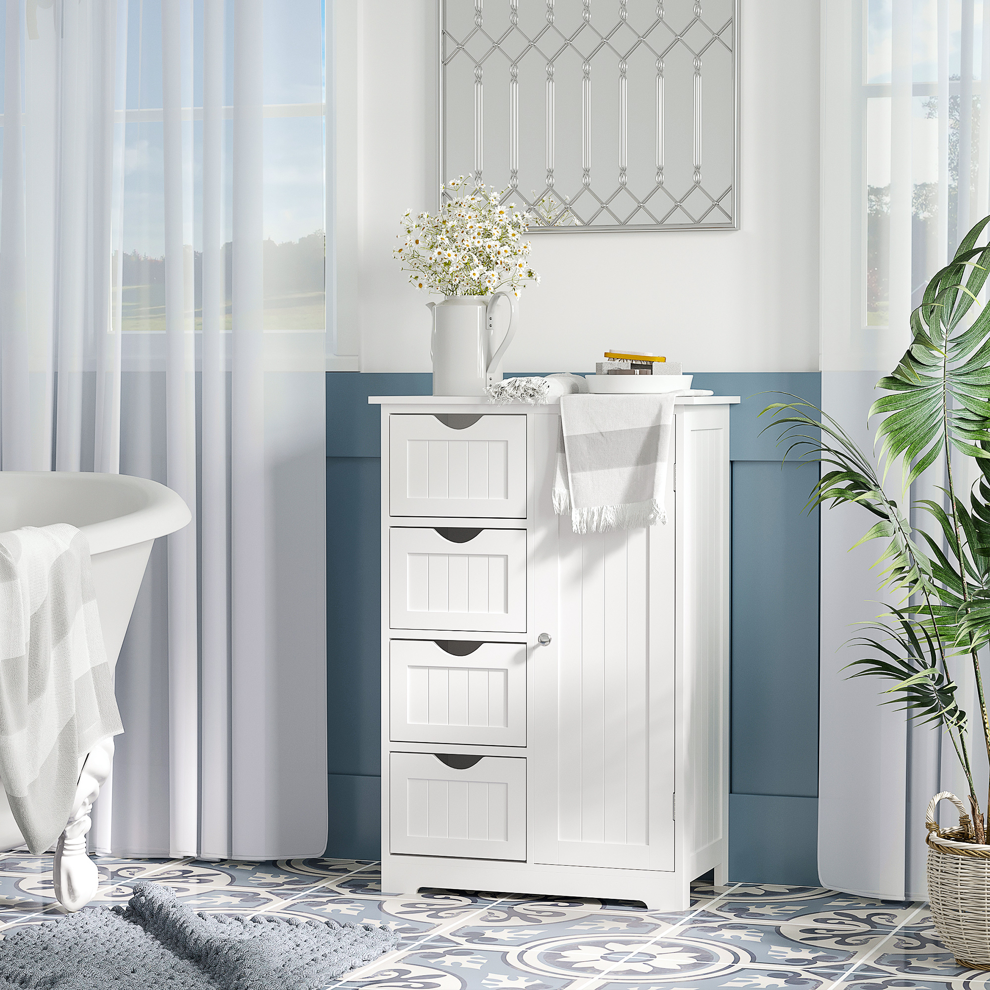Un mueble de baño blanco con cajones y puerta, junto a una bañera.