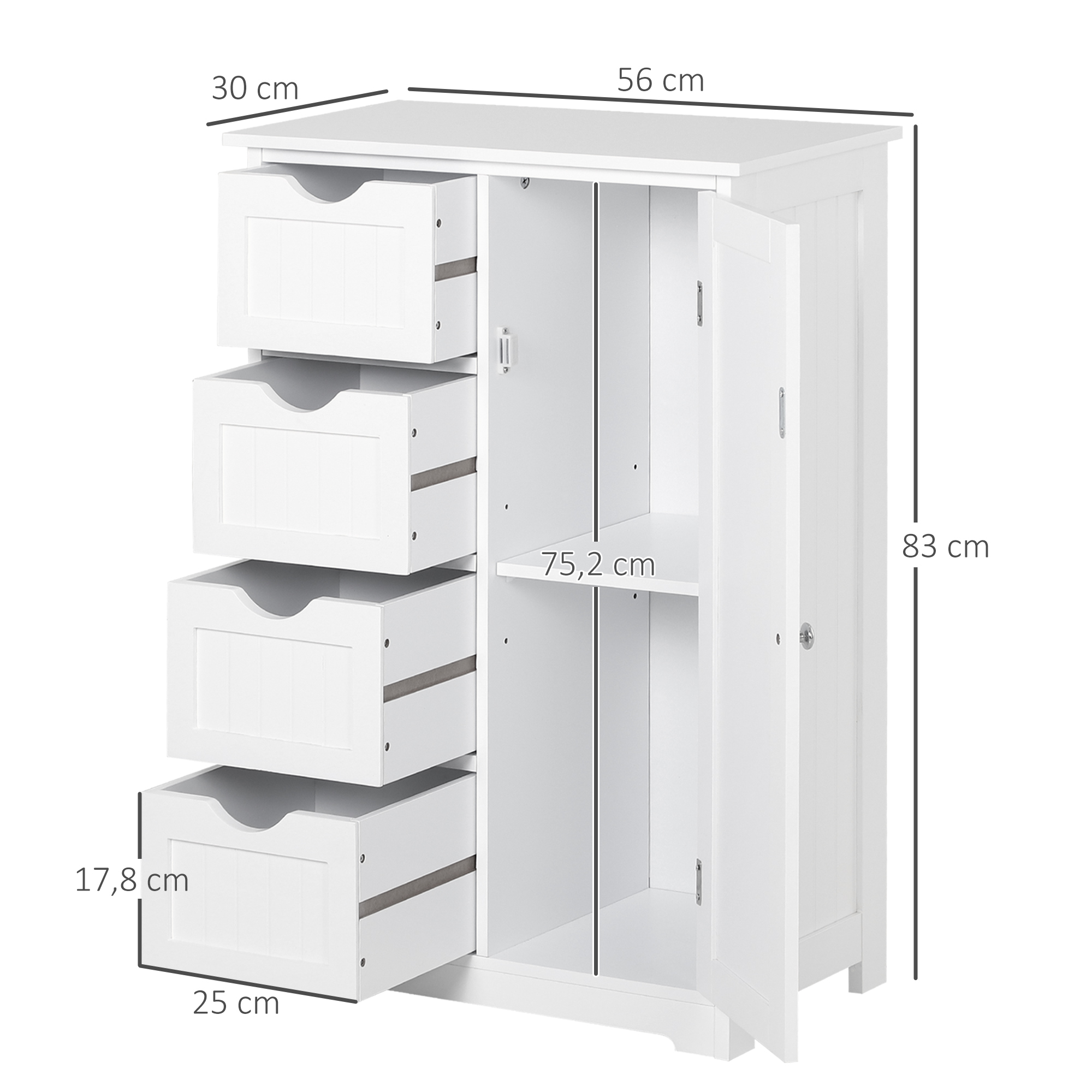 Un mueble alto blanco con cuatro cajones y una puerta abierta, se muestran las dimensiones.