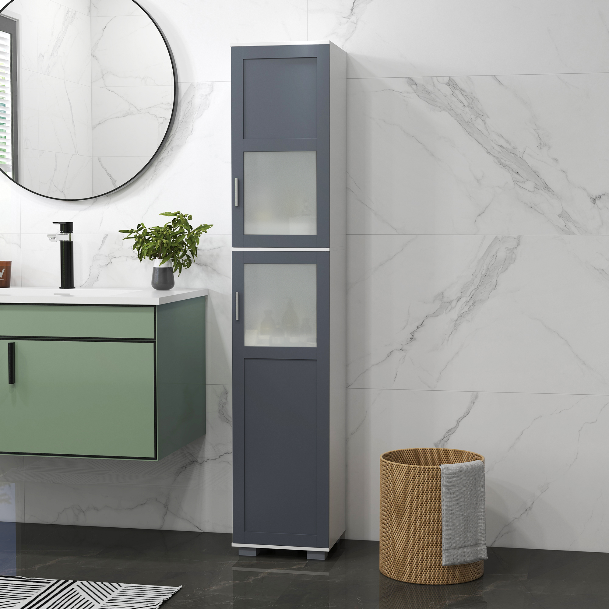 Un mueble de baño alto y estrecho gris con puertas de cristal se sitúa junto a un tocador verde.