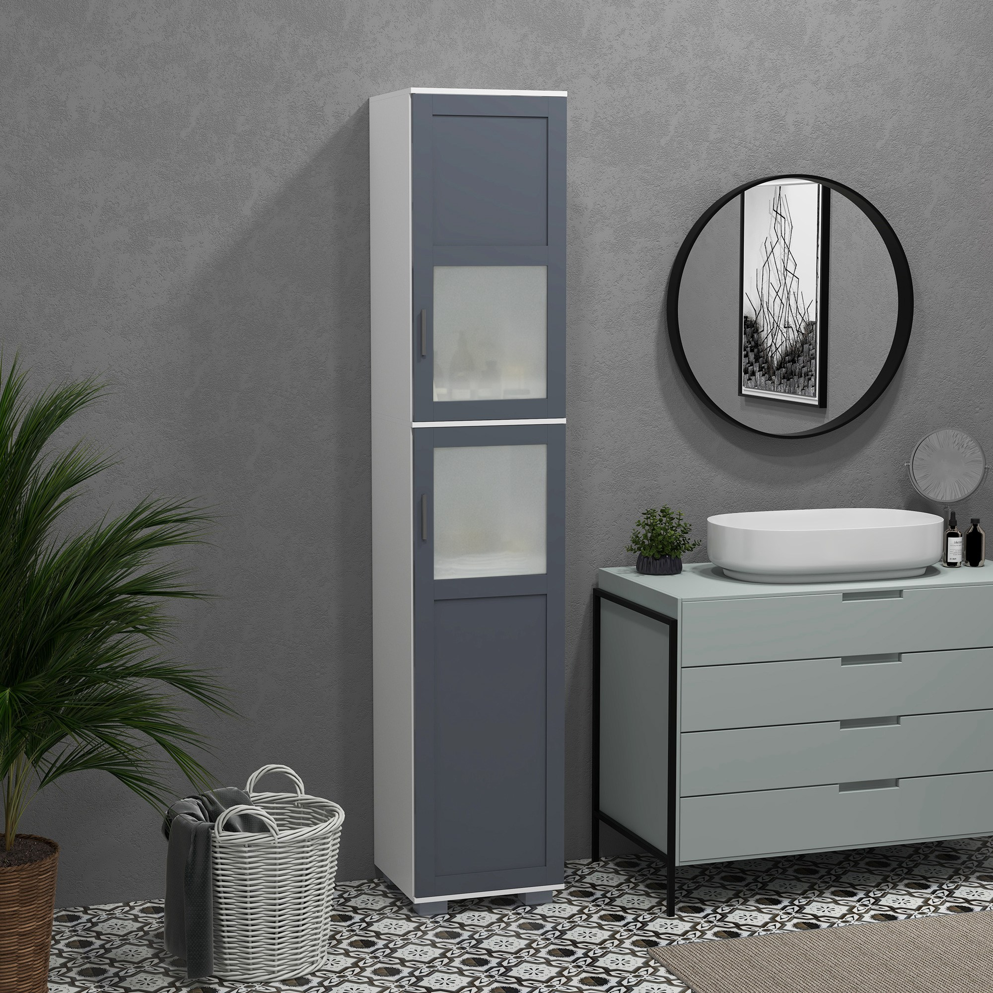 Armario de baño gris y blanco con puertas de cristal esmerilado, lavabo, espejo.