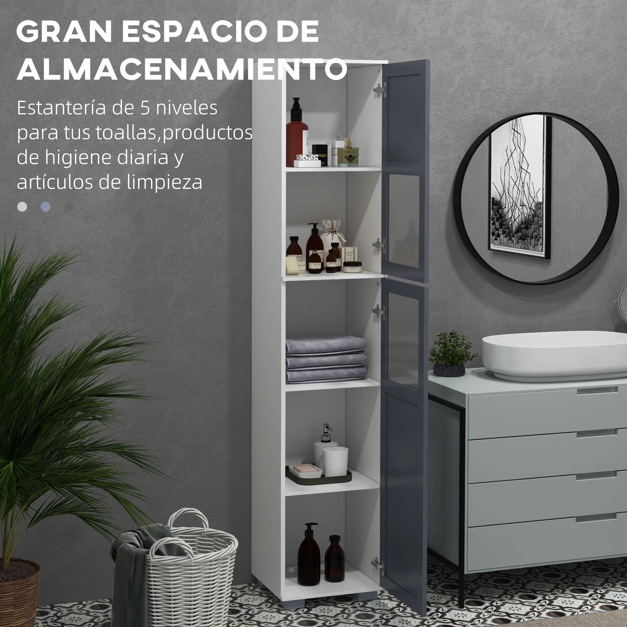 Un armario alto blanco y gris de 5 estantes con artículos de baño.