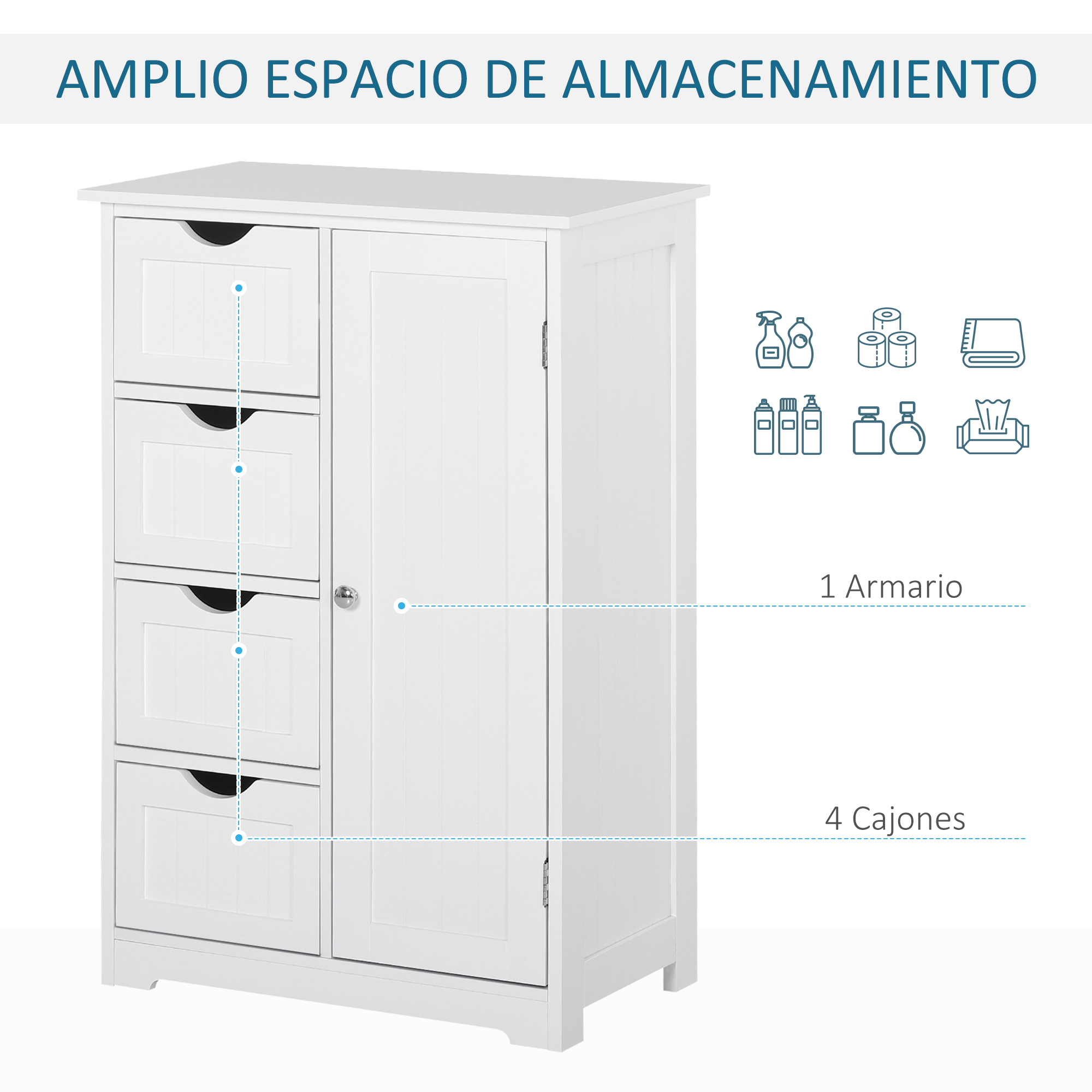 Armario blanco con 4 cajones y una puerta, iconos de artículos de limpieza al lado.
