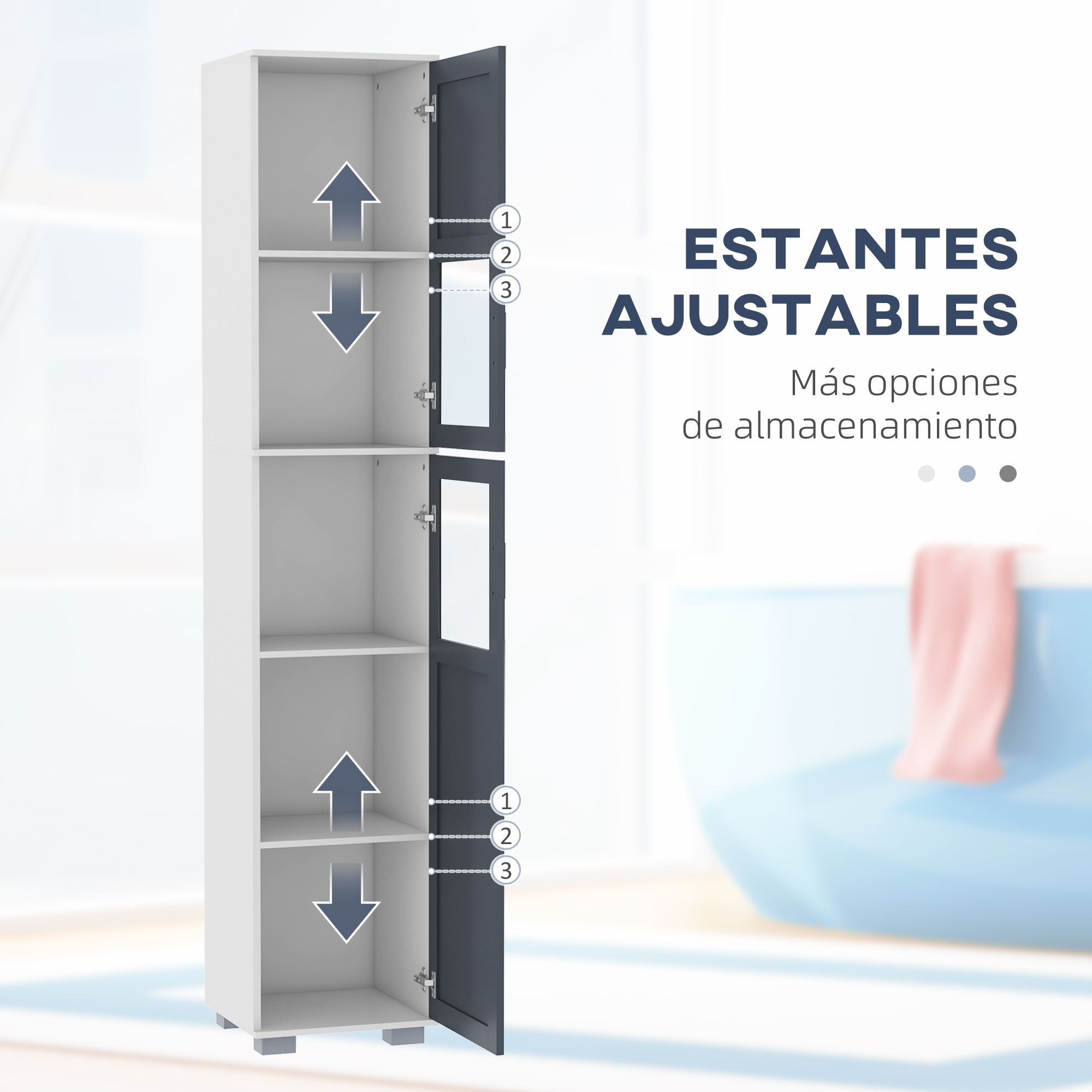 Un mueble alto blanco con puertas gris oscuro y estantes ajustables.