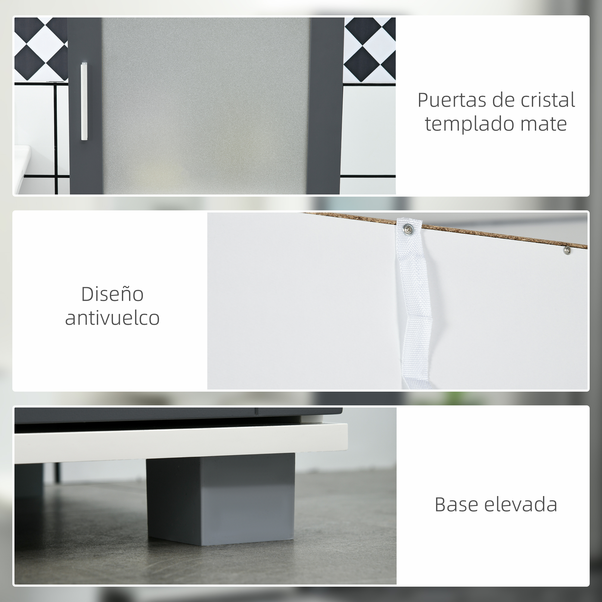 Puertas de cristal mate con tirador, diseño antivuelco, base elevada.
