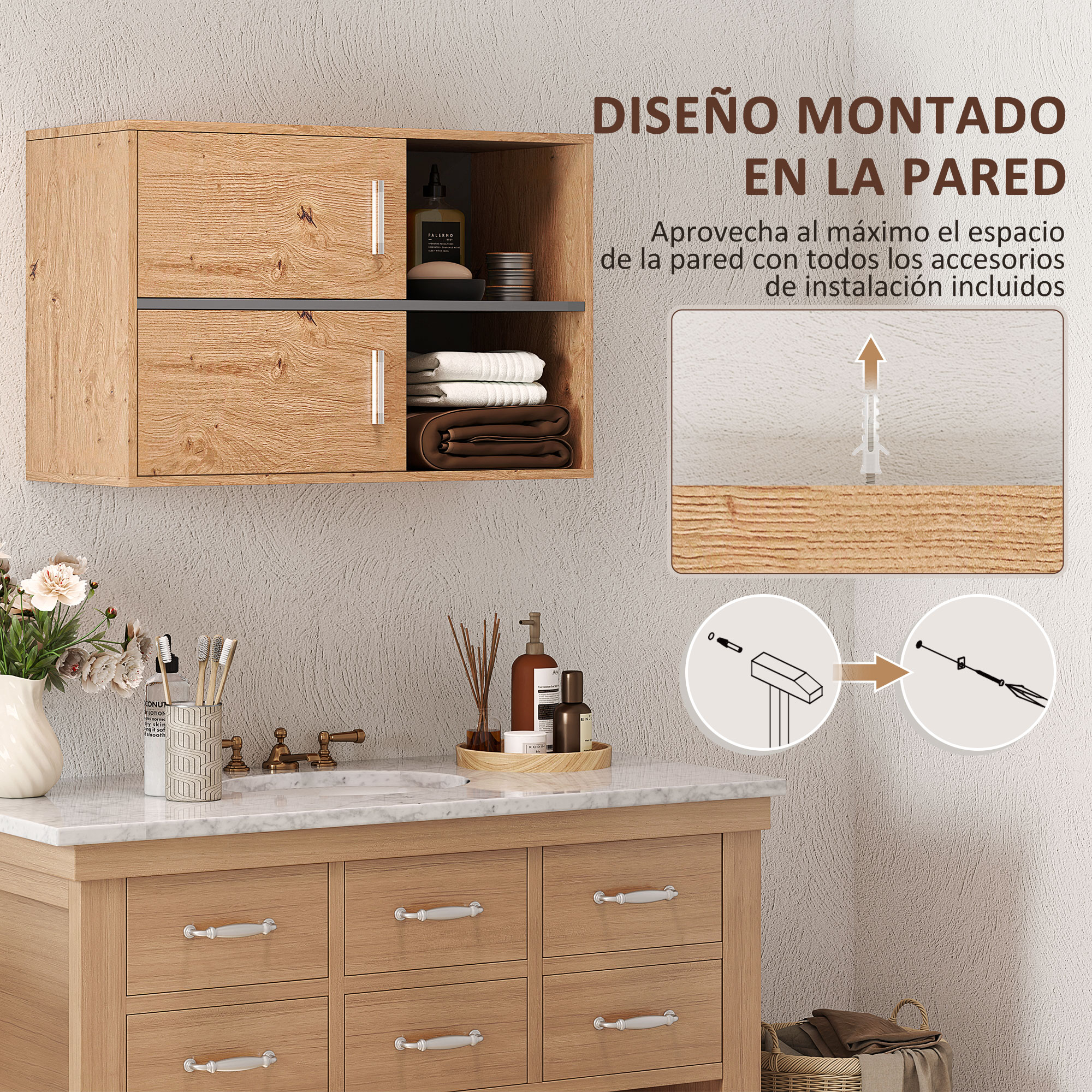 Armario de madera sobre lavabo con encimera de mármol, toallas dobladas.