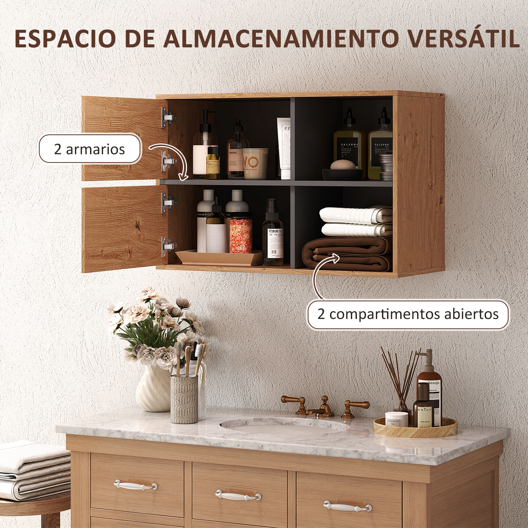 Un armario de madera en la pared con compartimentos abiertos y cerrados con artículos de tocador.