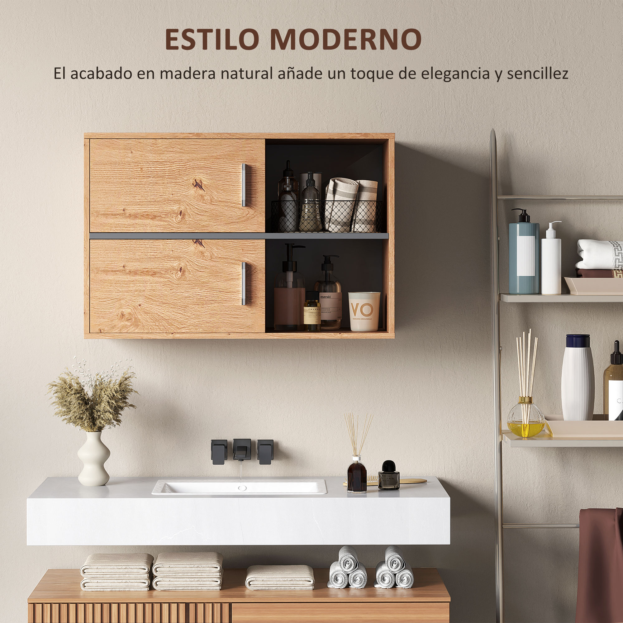 Estilo de baño moderno con muebles de madera, lavabo y estantes con artículos de tocador.