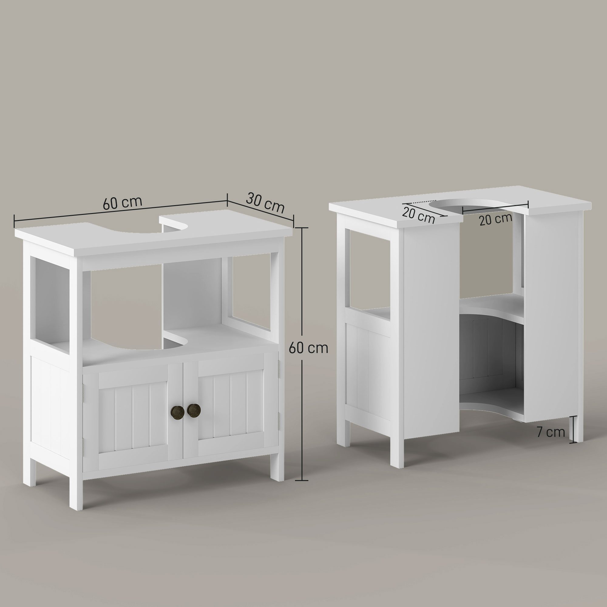 Due mobili bianchi con misure. Uno è 60x30x60 cm, l'altro ha 7 cm di profondità.