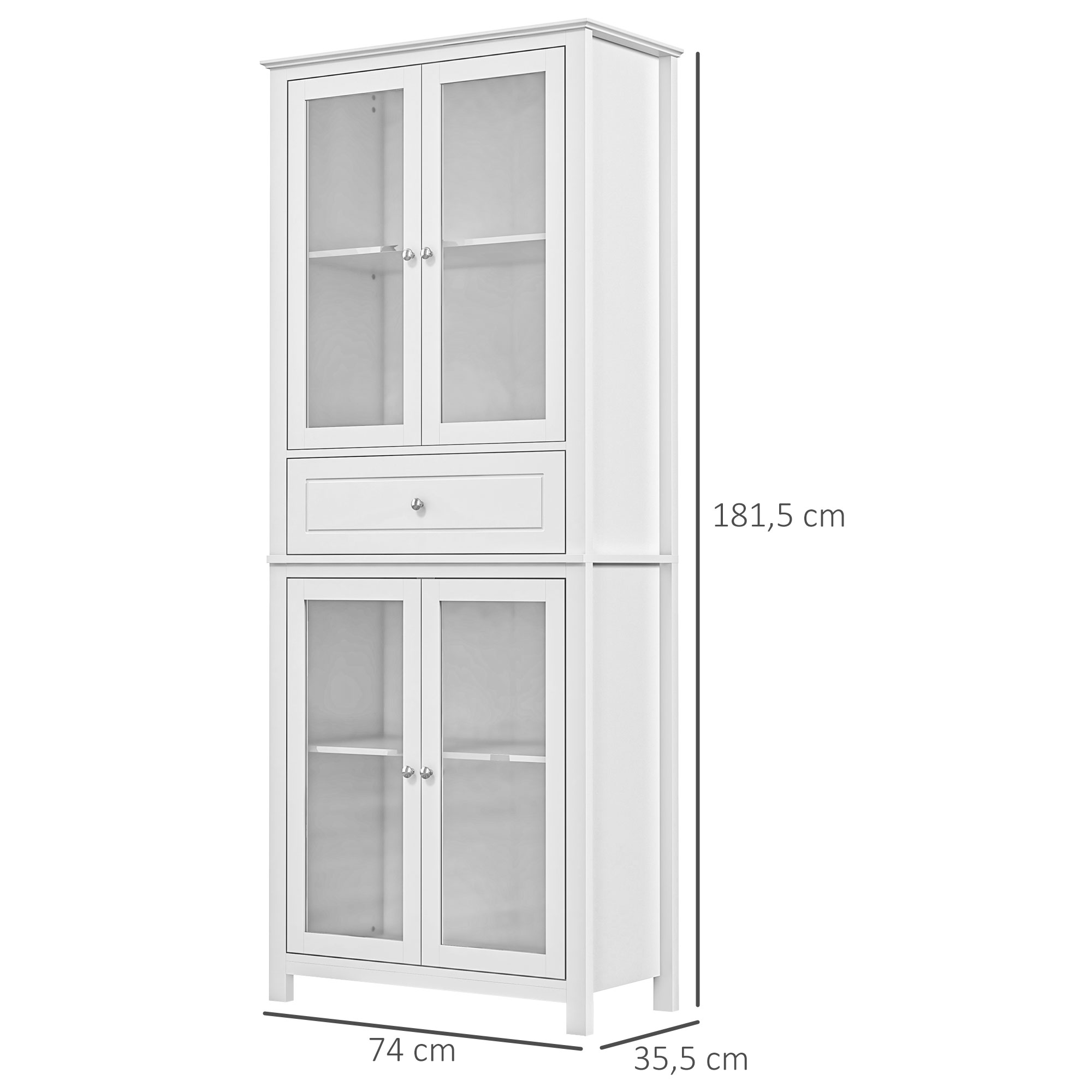 Un mueble alto blanco con puertas de cristal y un cajón. Dimensiones: 181.5x74x35.5cm.