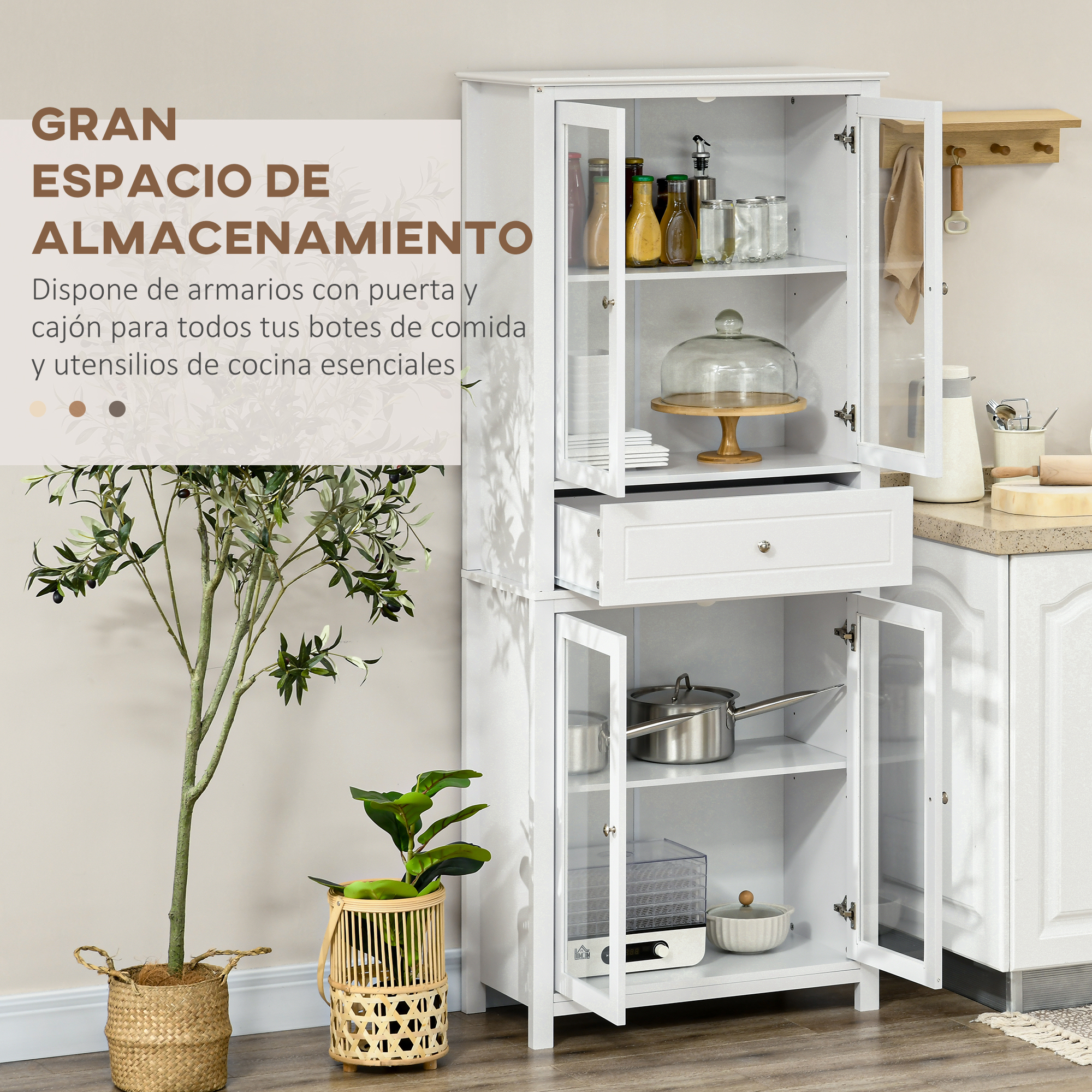 Un armario de cocina blanco con puertas de cristal, lleno de comida y utensilios.