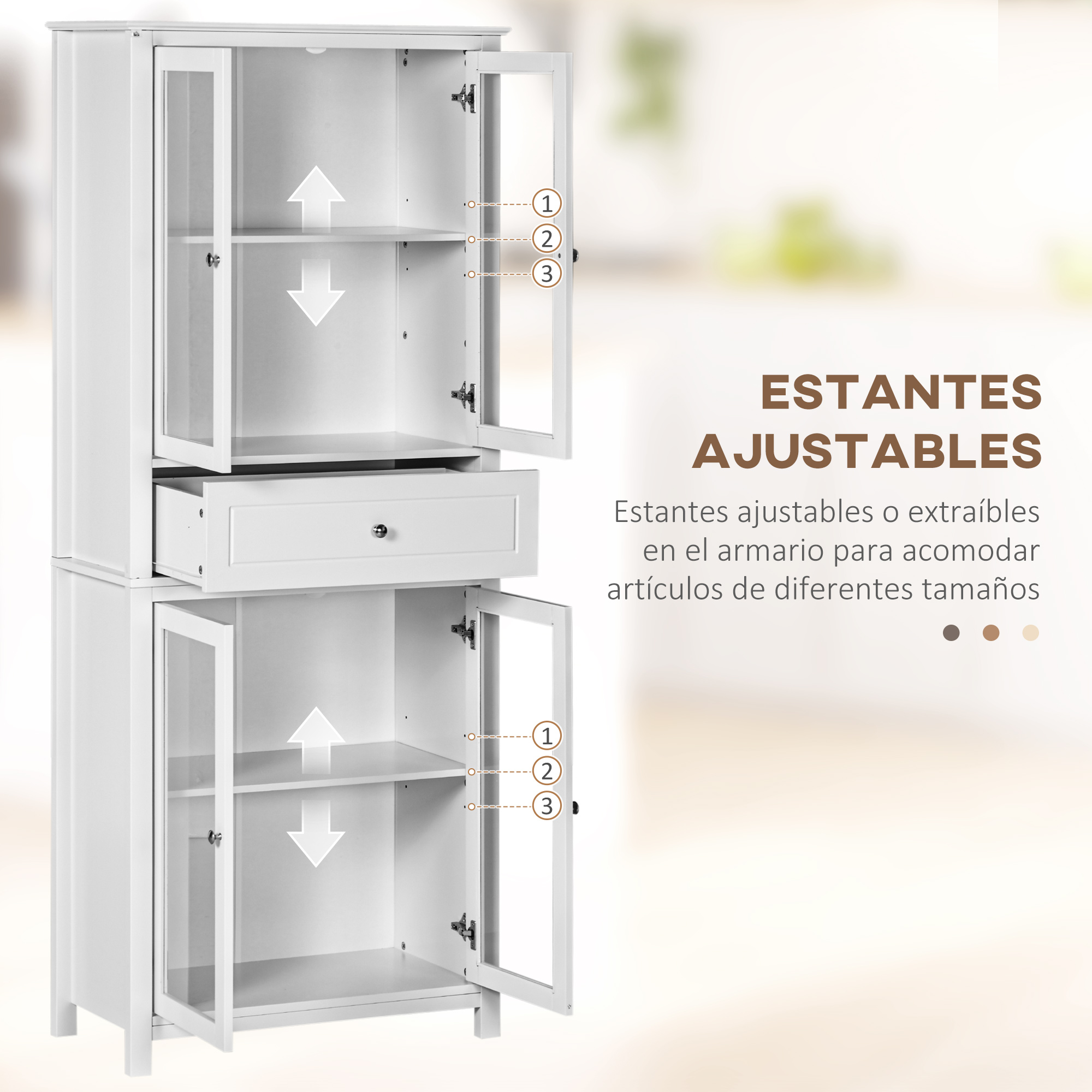 Un armario blanco con puertas de cristal y estantes ajustables.