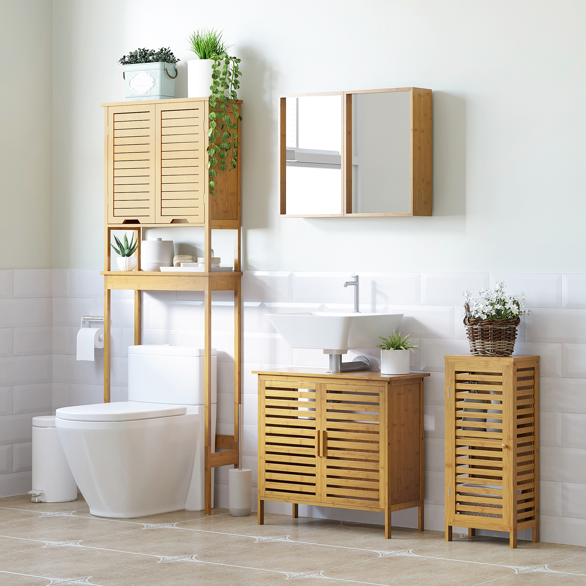Baño con inodoro blanco, lavabo, armarios de madera y plantas.