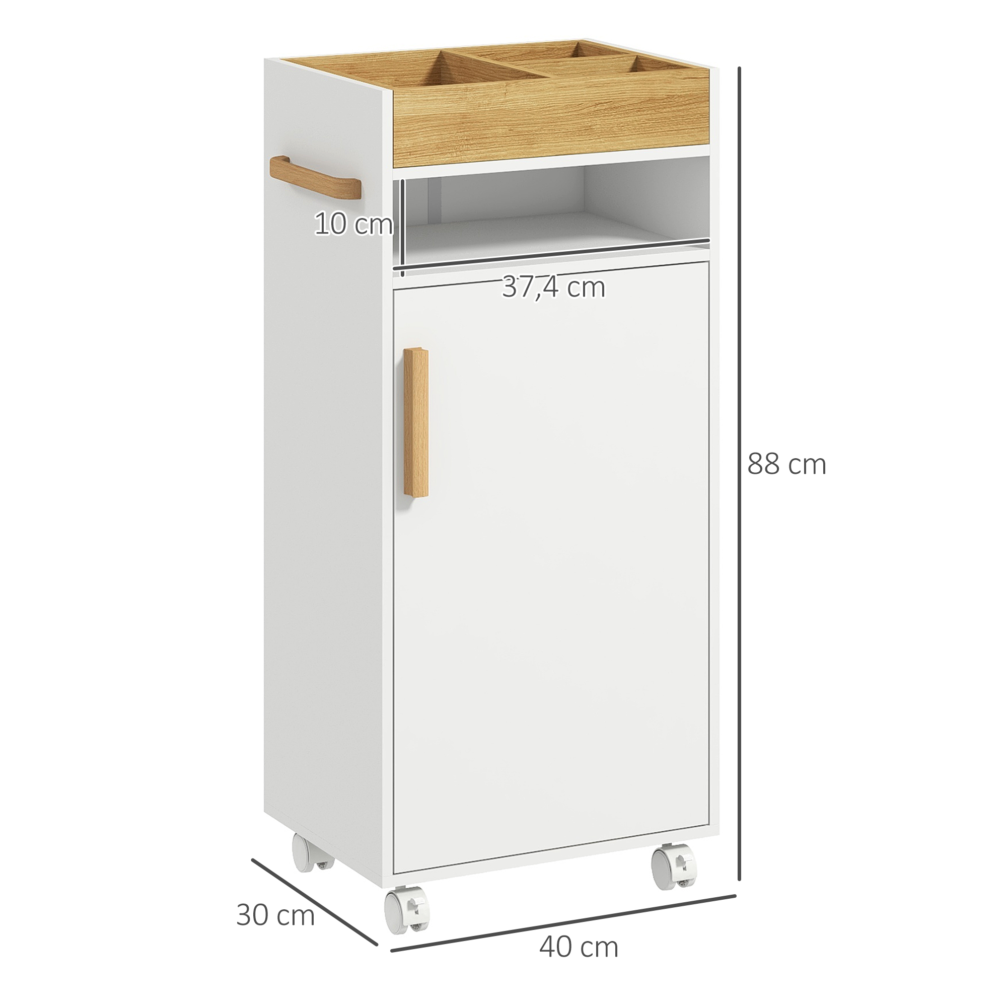 Armario blanco con tirador de madera y ruedas. Dimensiones 88x40x30 cm.