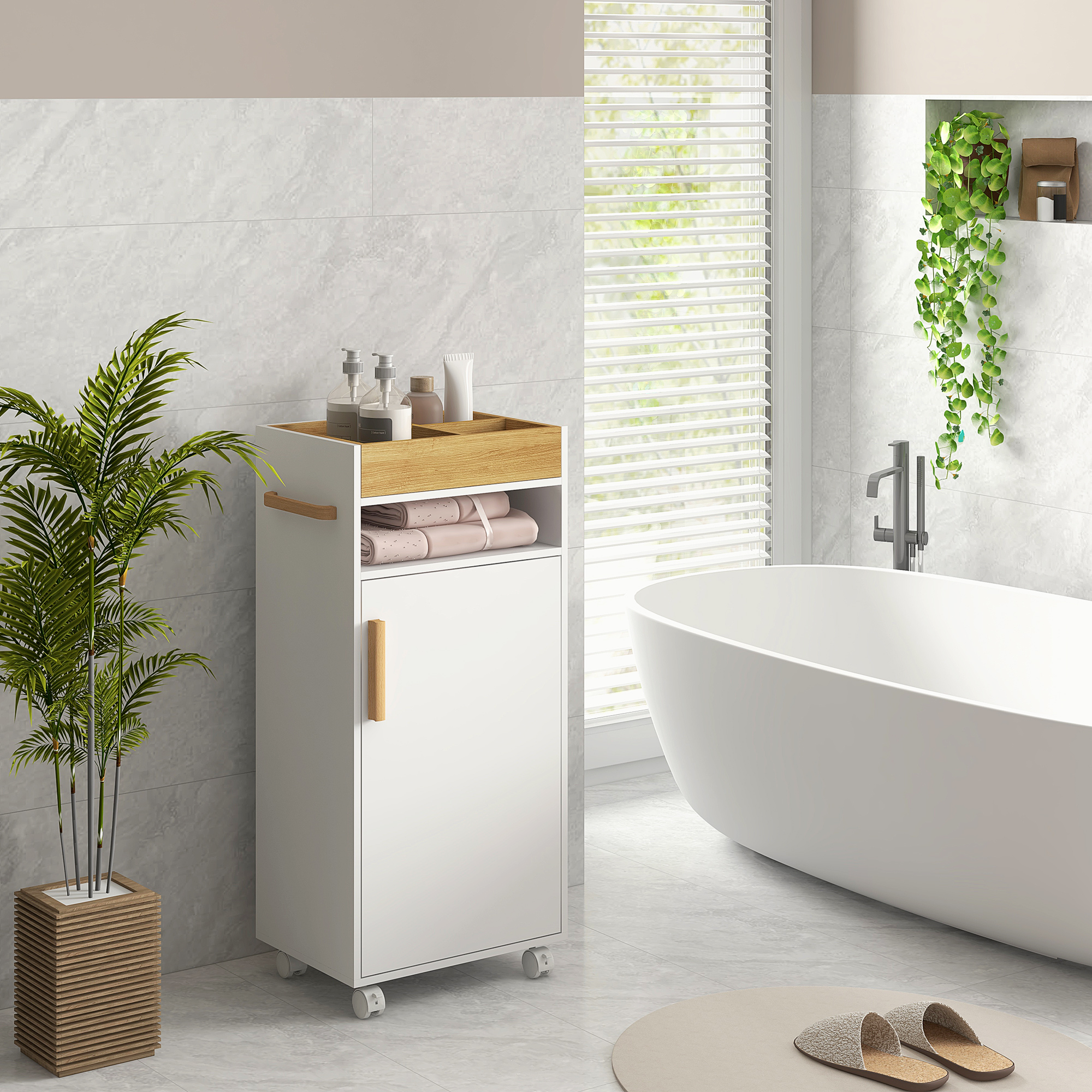 Una escena de baño con bañera, armario, planta y persianas.