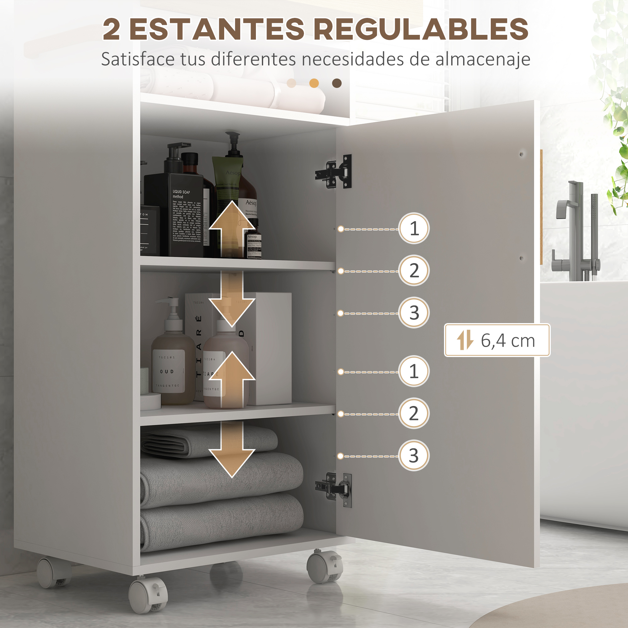 Un armario blanco con puertas abiertas muestra estantes con jabones y toallas.