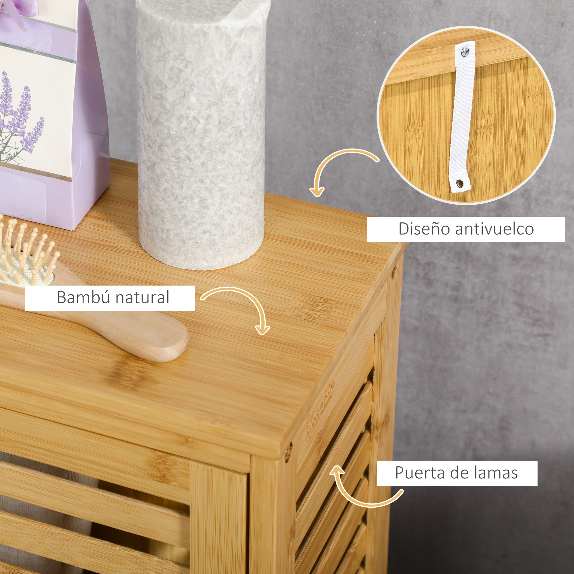 Un estante de bambú para baño con cepillo, jabón y caja de lavanda.