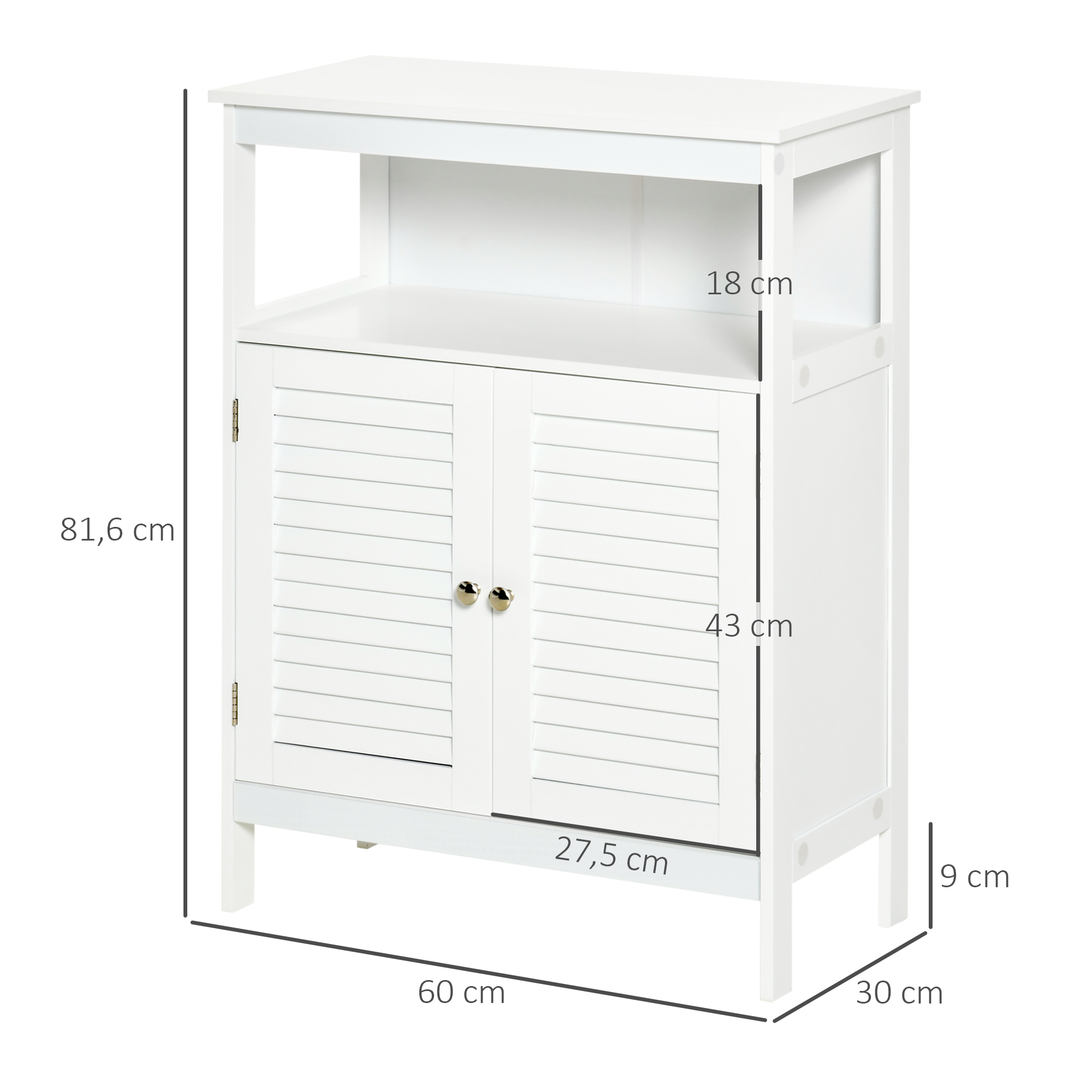 Un mueble de baño blanco con puertas de lamas y tiradores de latón.