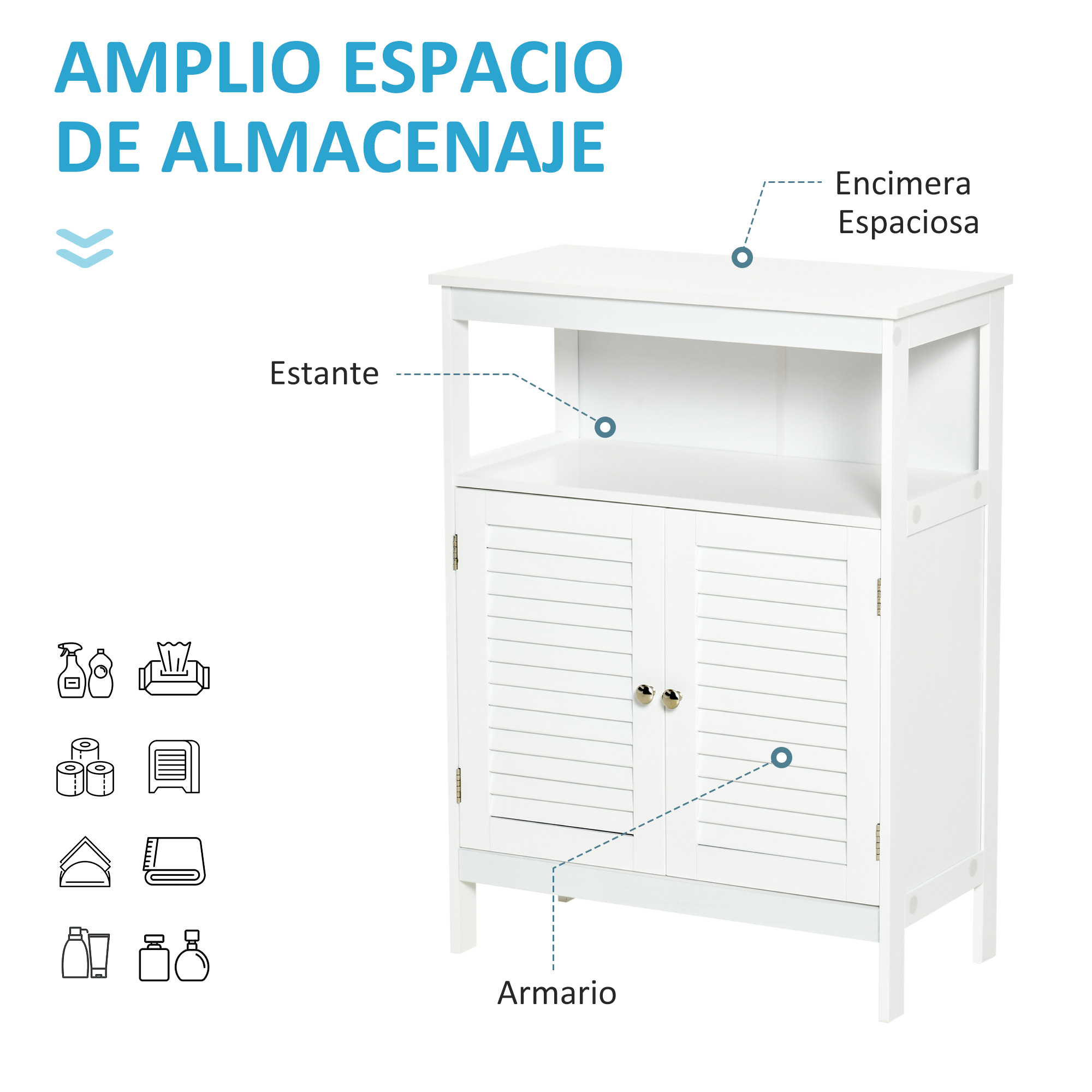 Un armario blanco con puertas de lamas, estantes y pomos.