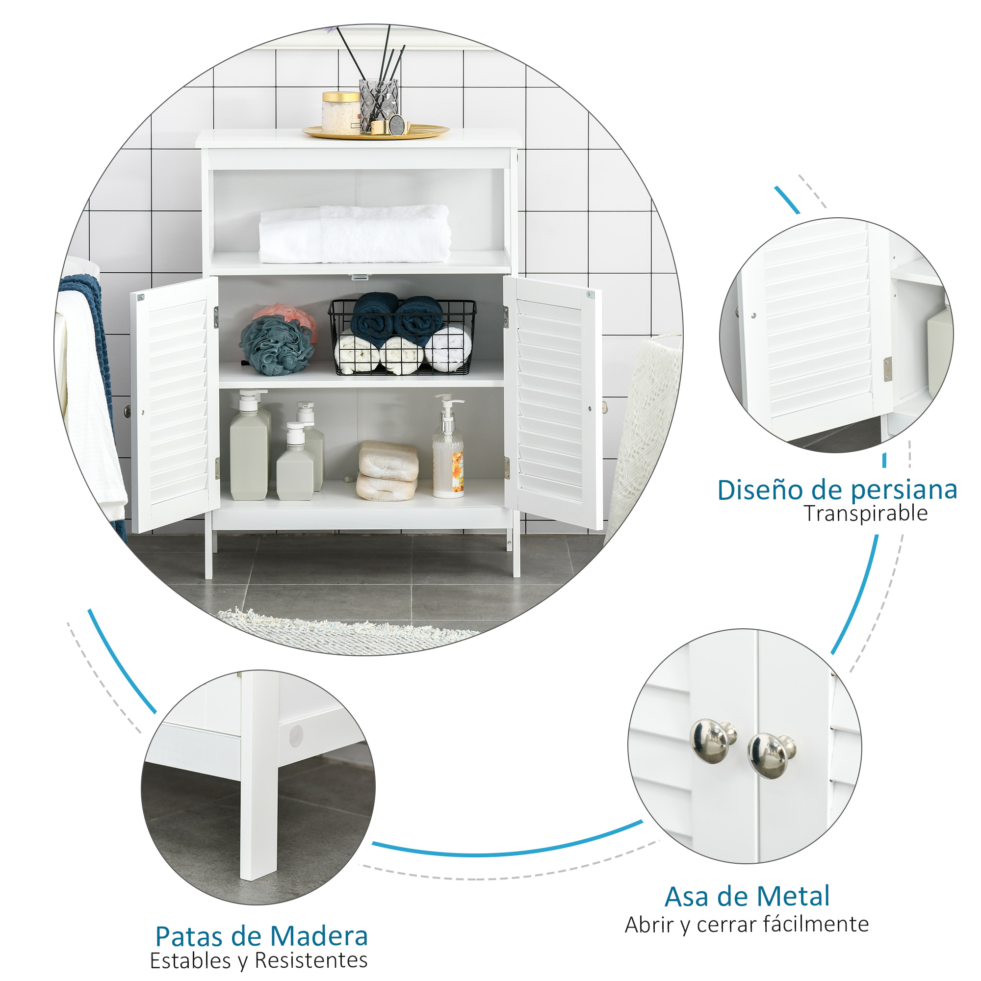 Armario de baño blanco con puertas abiertas, lleno de toallas y jabones.