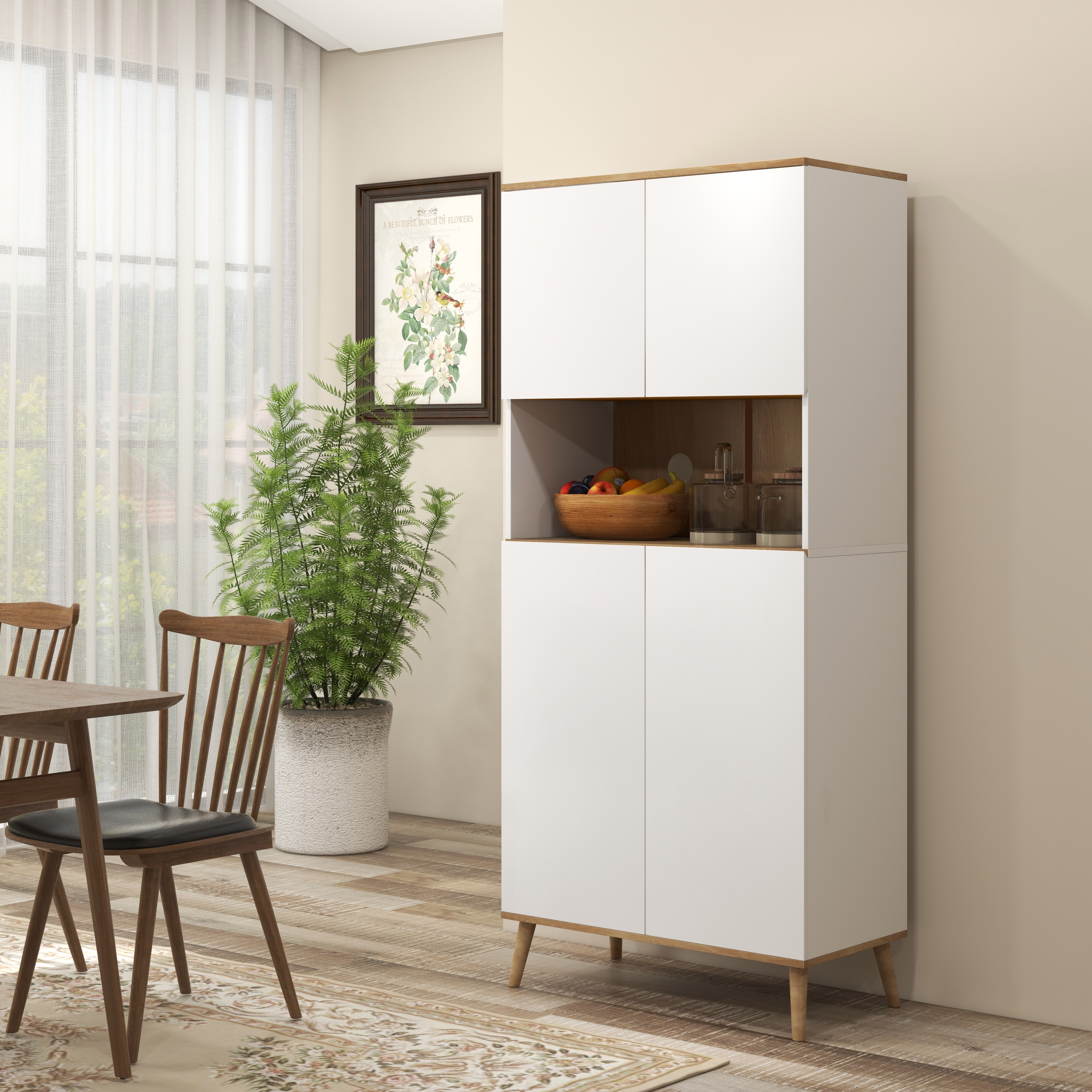 Un armario blanco con detalles de madera, junto a una mesa y sillas de madera.