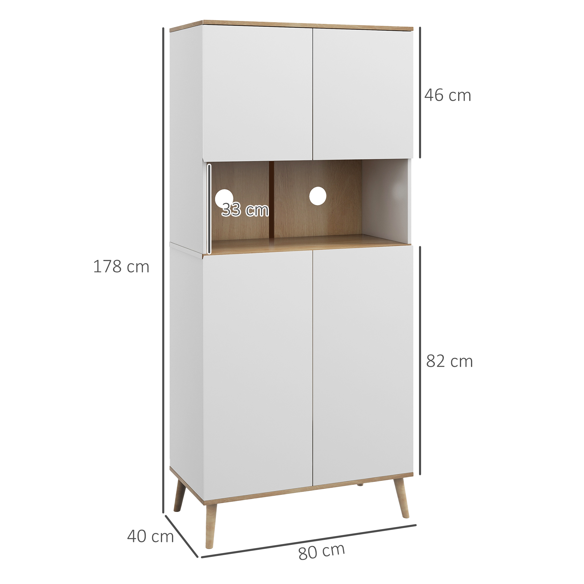Un mueble alto blanco con detalles en madera, con dimensiones indicadas.