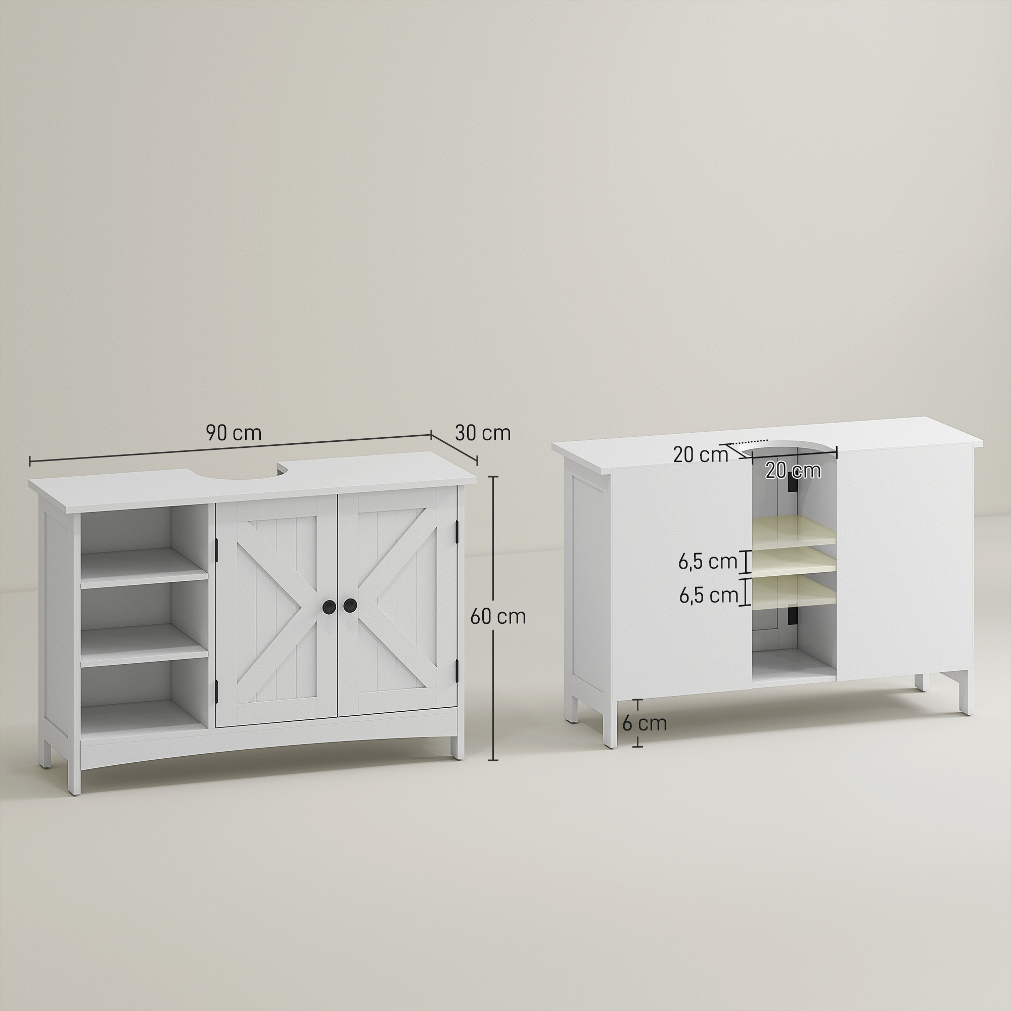 Dos armarios blancos con puertas y estantes, se indican las dimensiones.