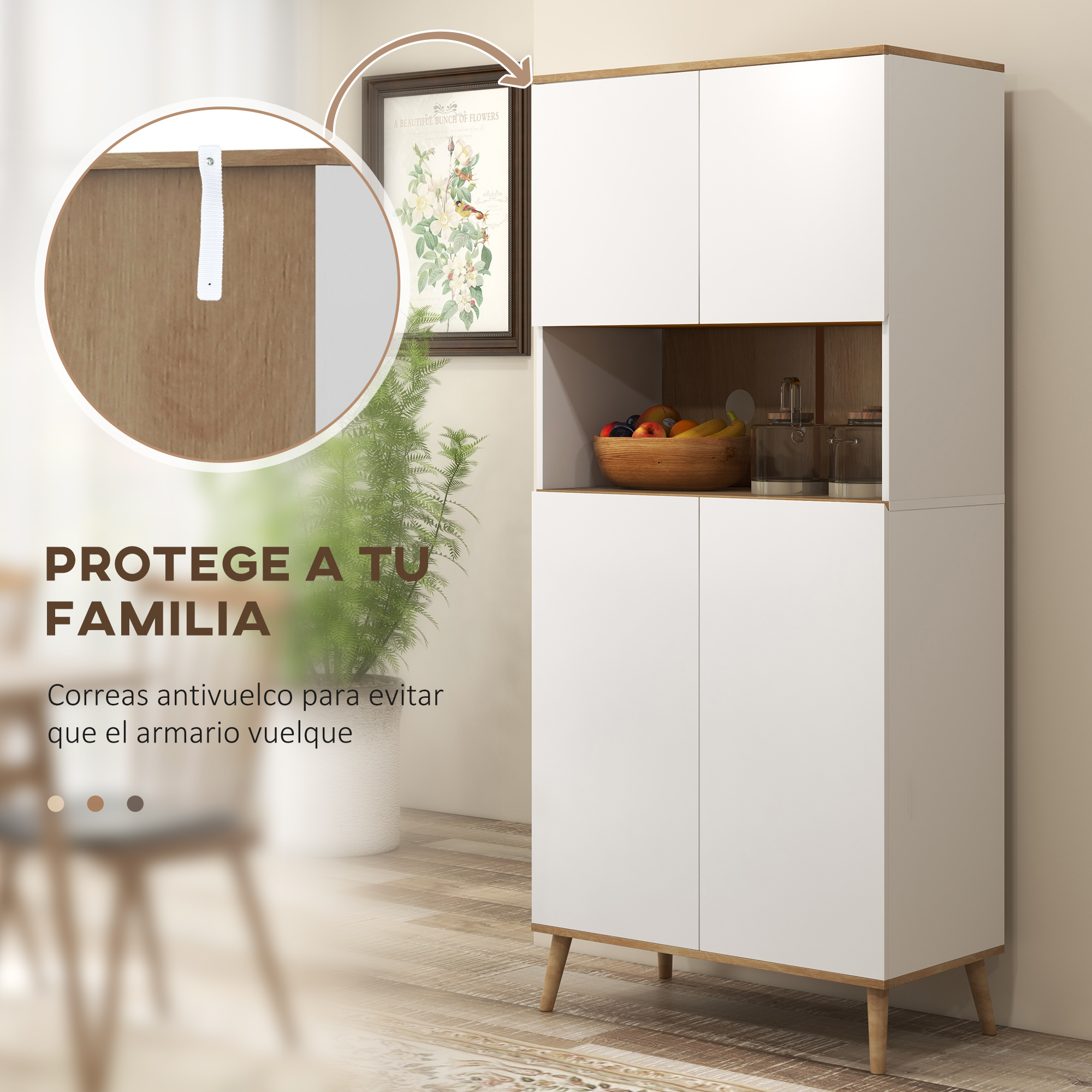 Un armario blanco con detalles de madera, frutero y cuadro de flores.