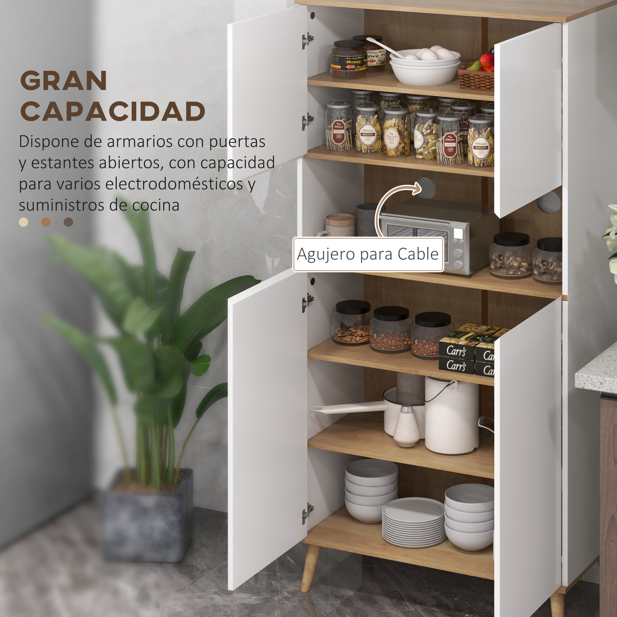 Un armario de cocina blanco con estantes de madera, lleno de frascos, cuencos y utensilios.