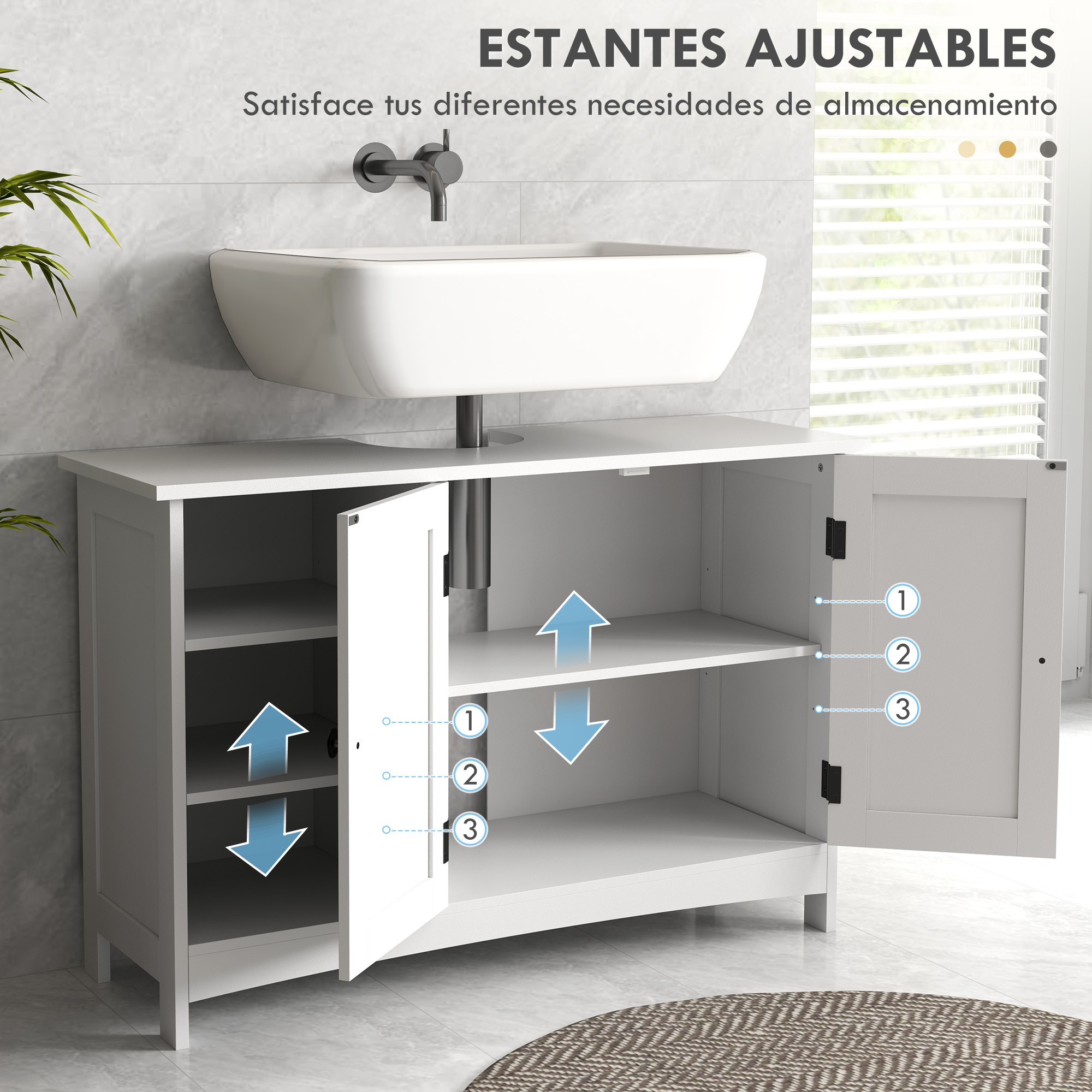 Un mueble de baño blanco bajo un lavabo con puertas abiertas y estantes.