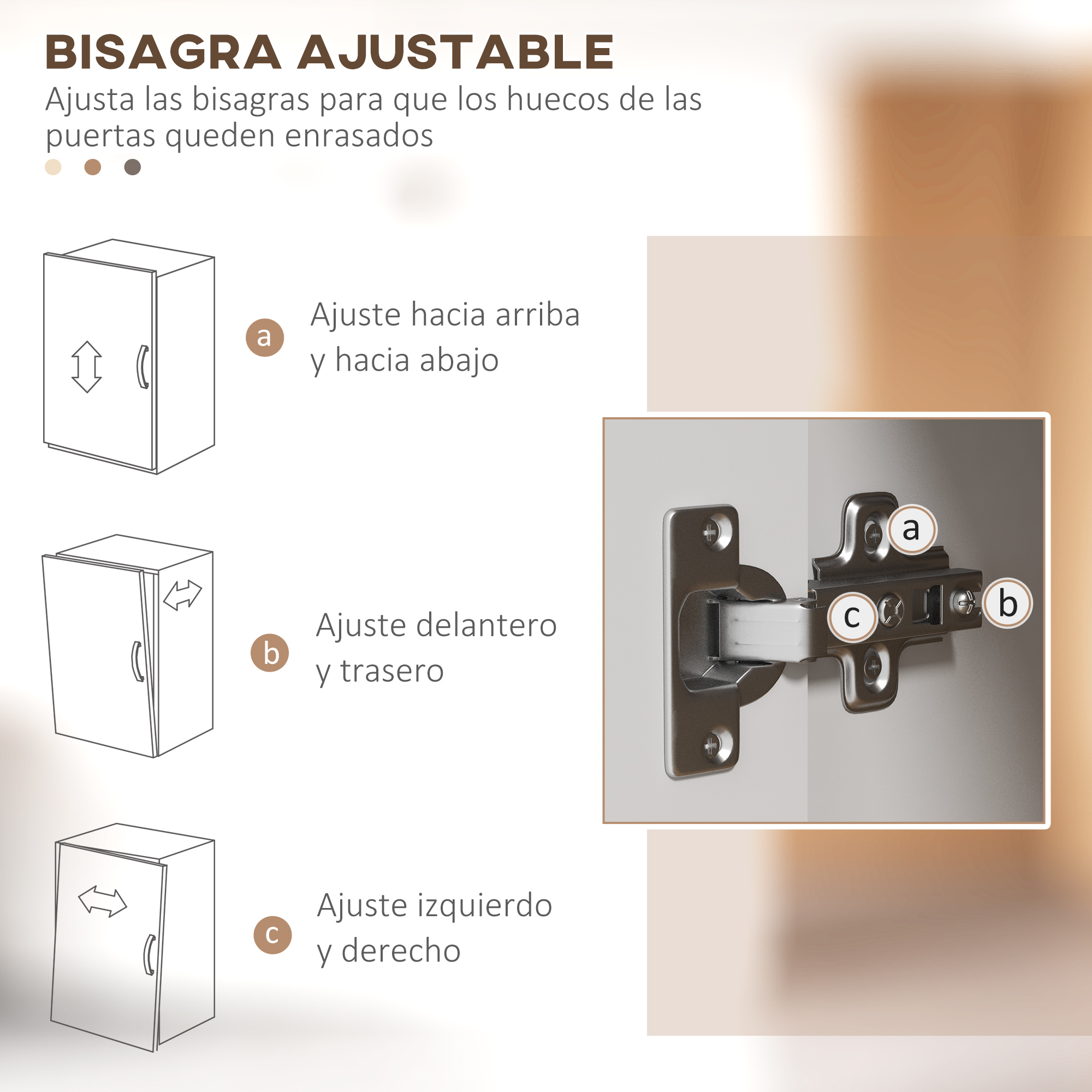 Instrucciones para ajustar bisagras de gabinetes con diagramas y etiquetas.