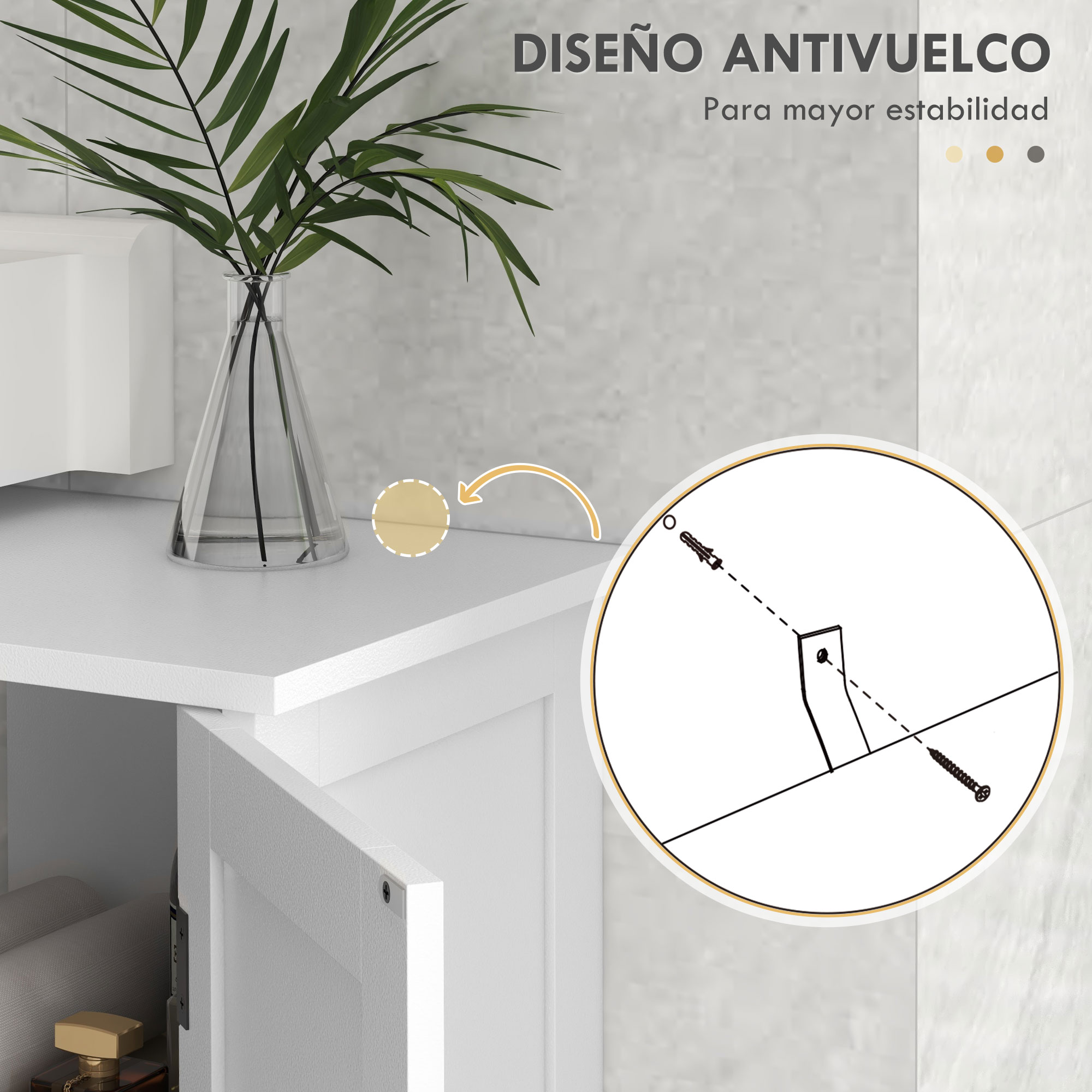 Gabinete blanco con puerta abierta, jarrón de cristal con planta y detalles.