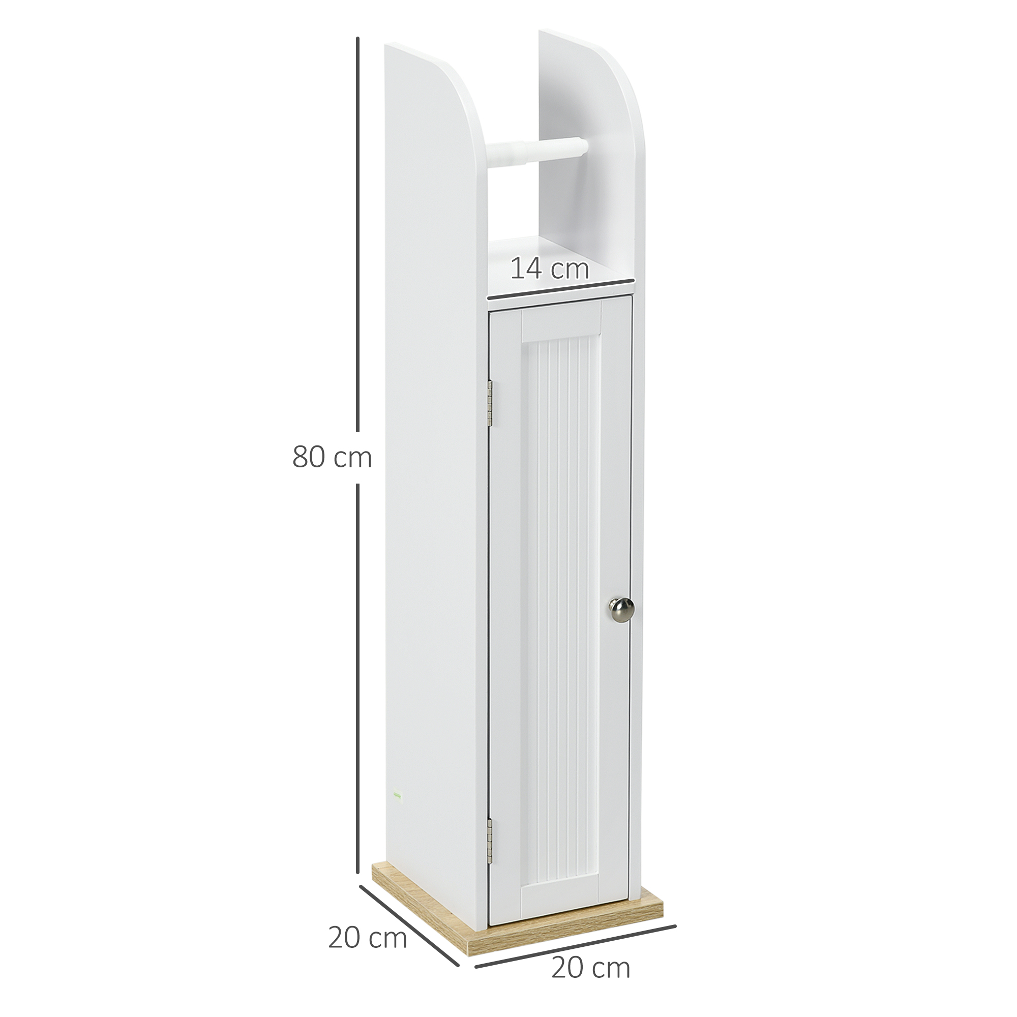 Un armario blanco delgado con una puerta y un estante superior. Dimensiones: 80x14x20 cm.