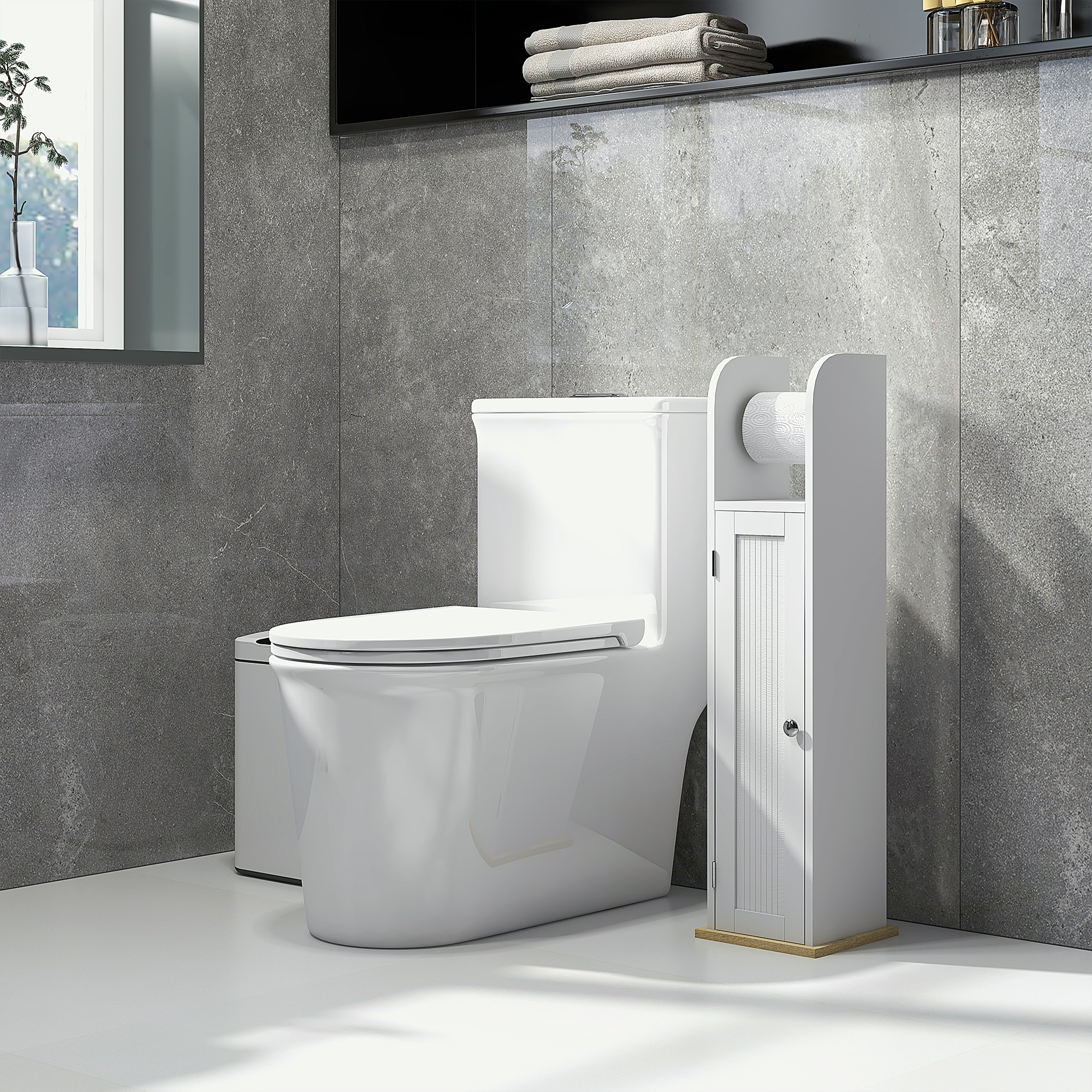 Un inodoro blanco junto a un estrecho mueble blanco con un rollo de papel.