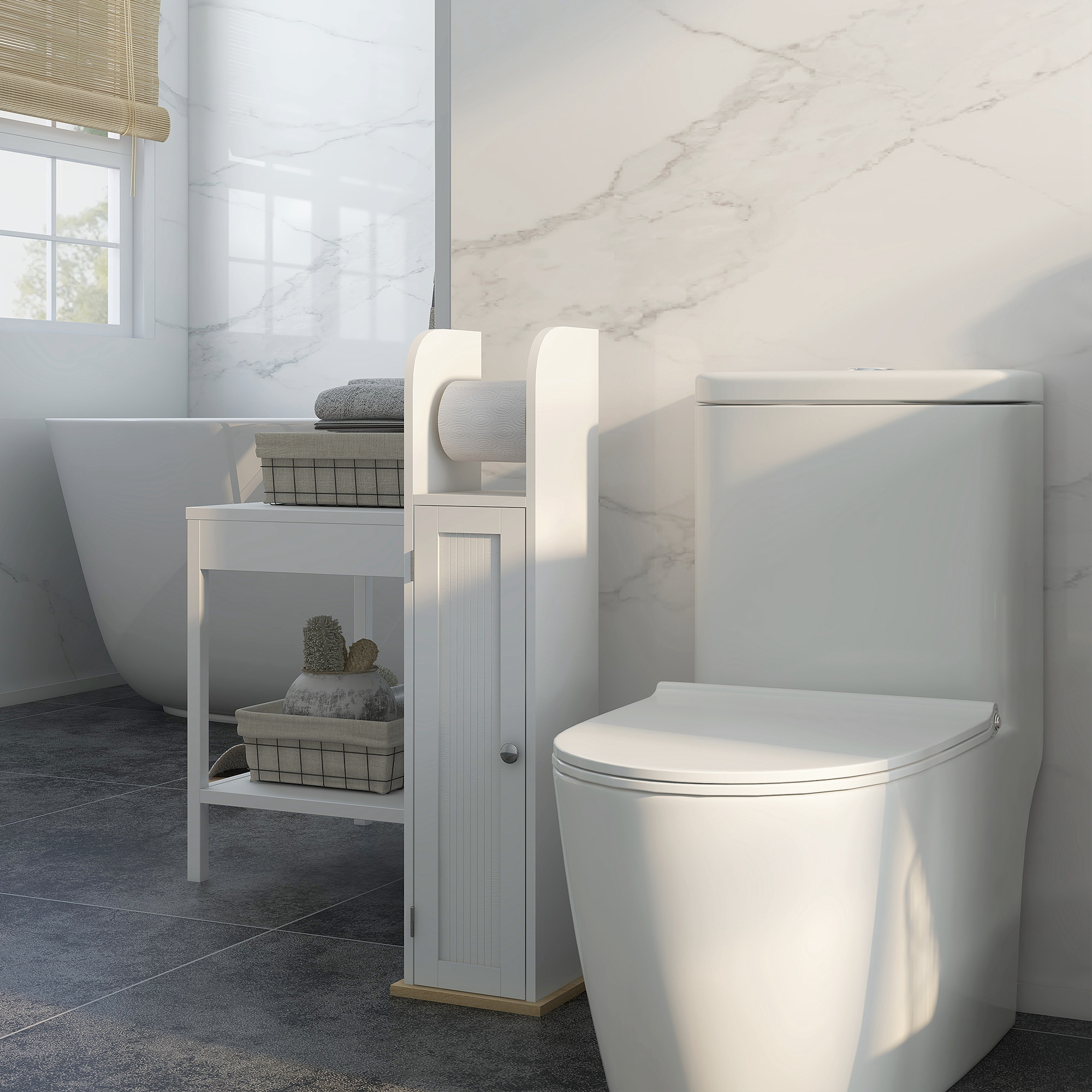 Un baño moderno con inodoro, bañera y mueble de almacenaje blanco.