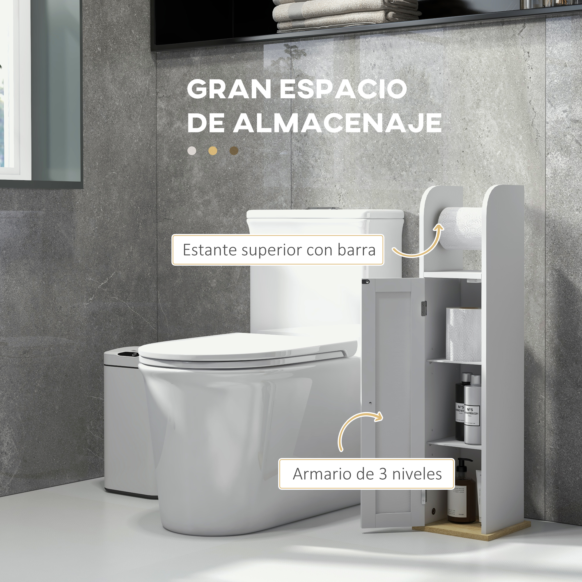 Un armario de baño blanco junto a un inodoro con rollos y botellas.