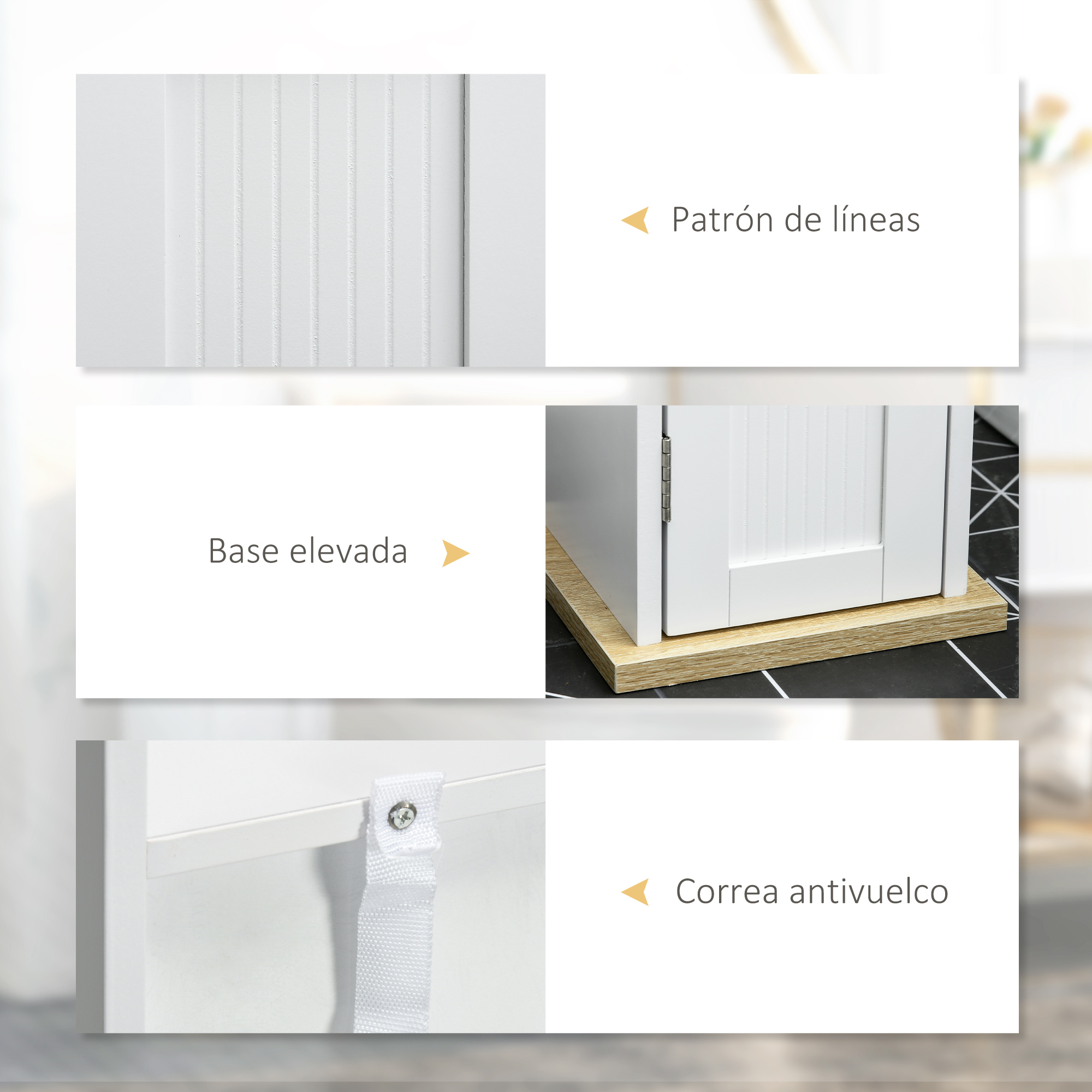 Puerta blanca con líneas verticales, base elevada y correa antivuelco.