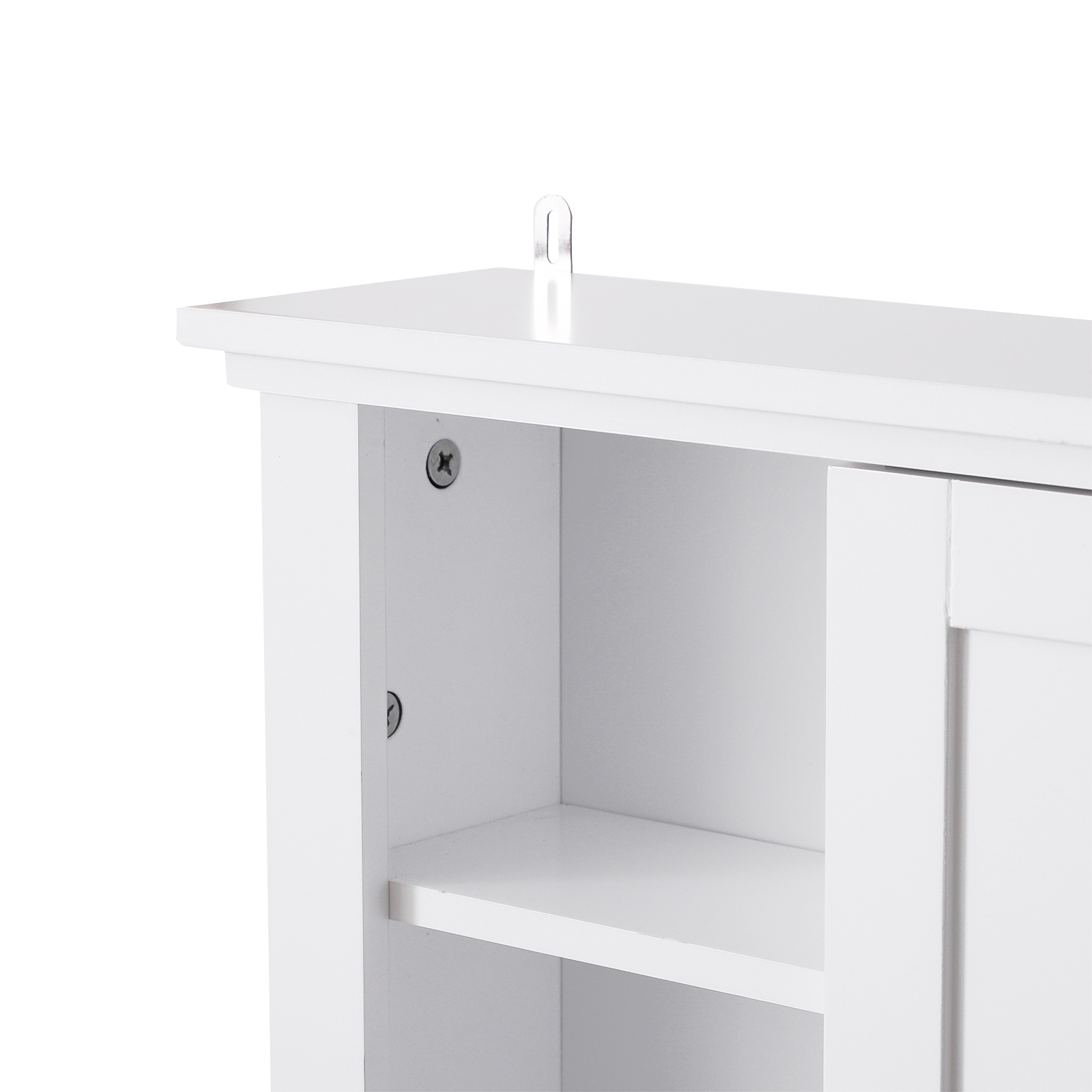 Mueble blanco con tornillos visibles y un estante.