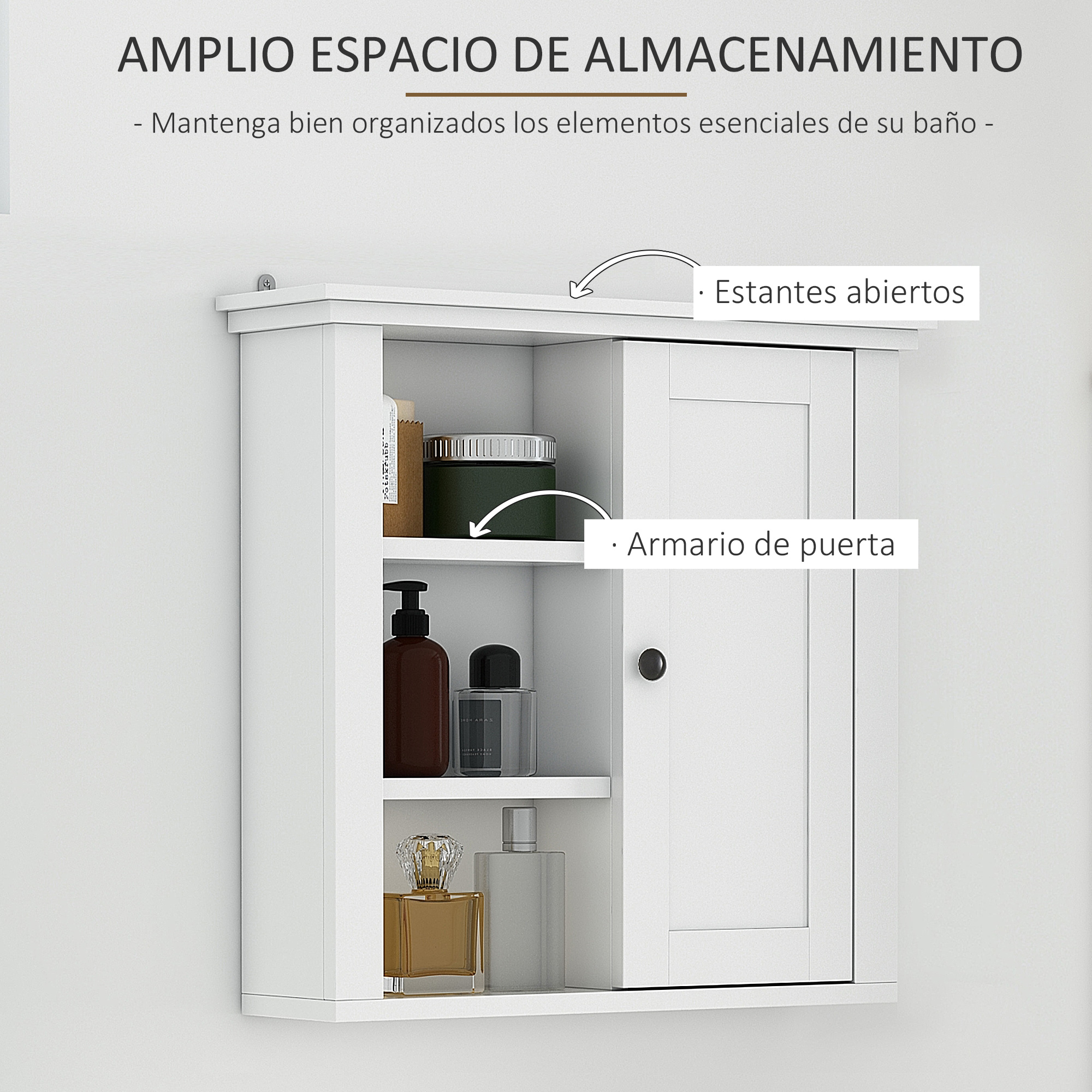 Un mueble de baño blanco con estantes abiertos y un armario de puerta con artículos.