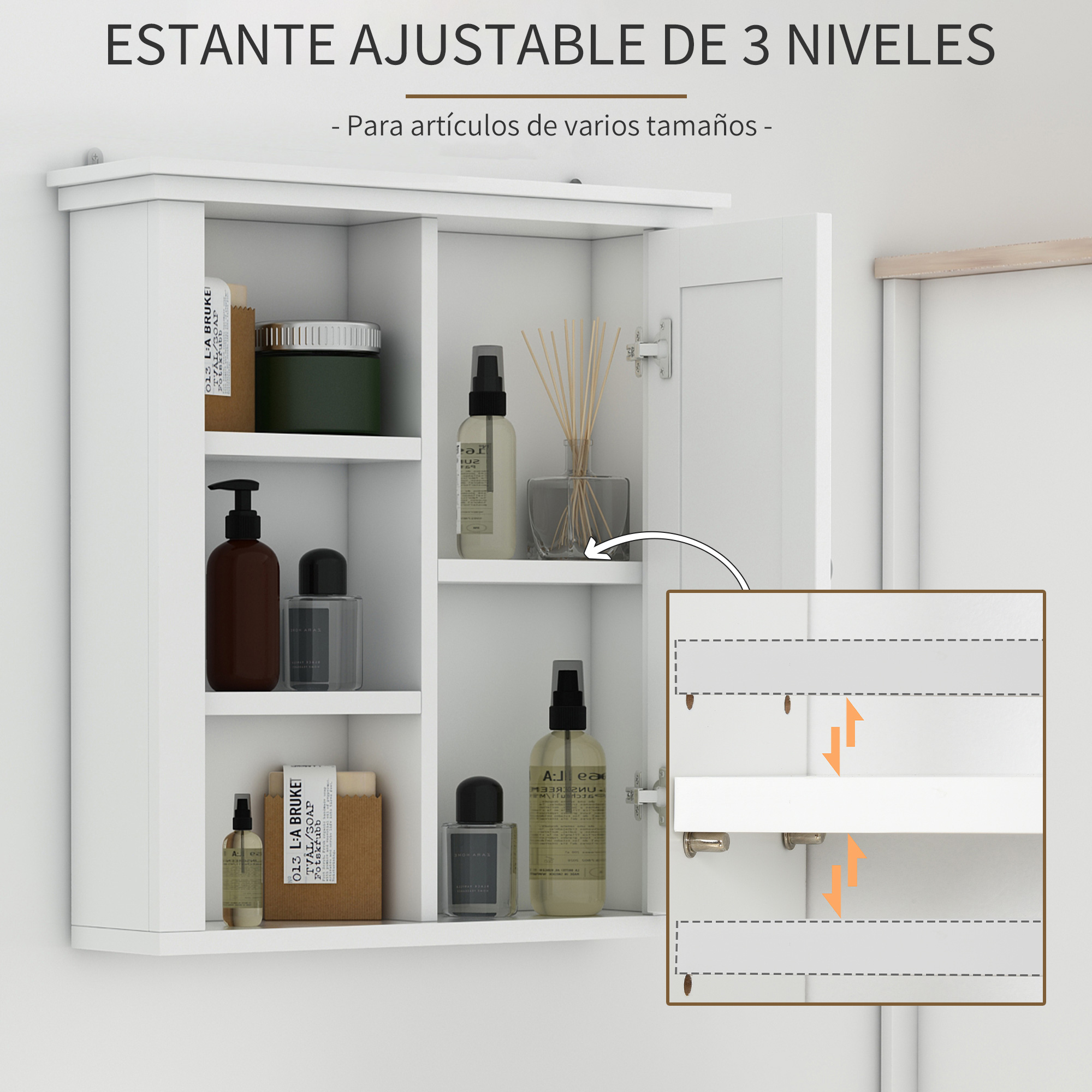 Un armario blanco de pared de tres niveles con artículos de tocador y jabón.