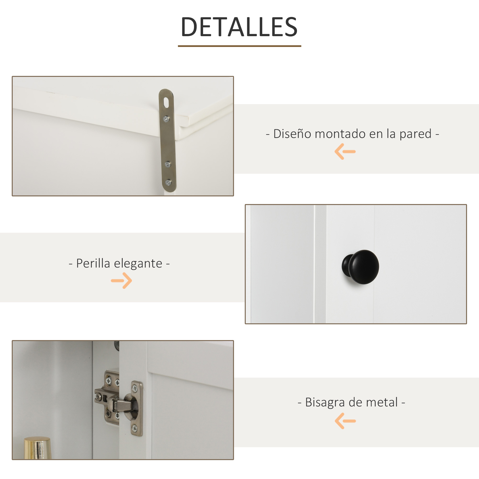 Detalles de muebles blancos: montaje pared, pomo negro, bisagra metal.