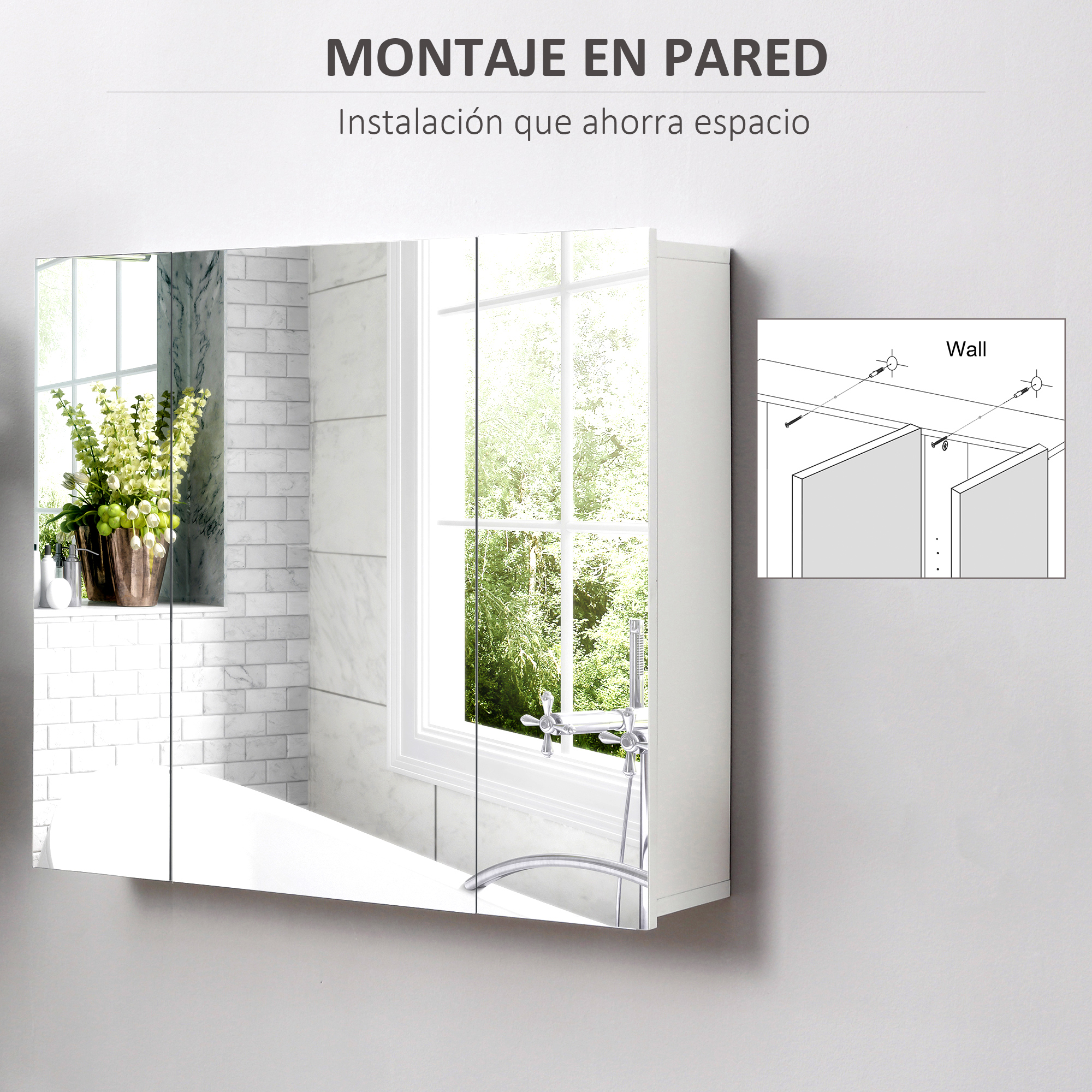 Gabinete blanco con espejo sobre bañera, con ventana y plantas.