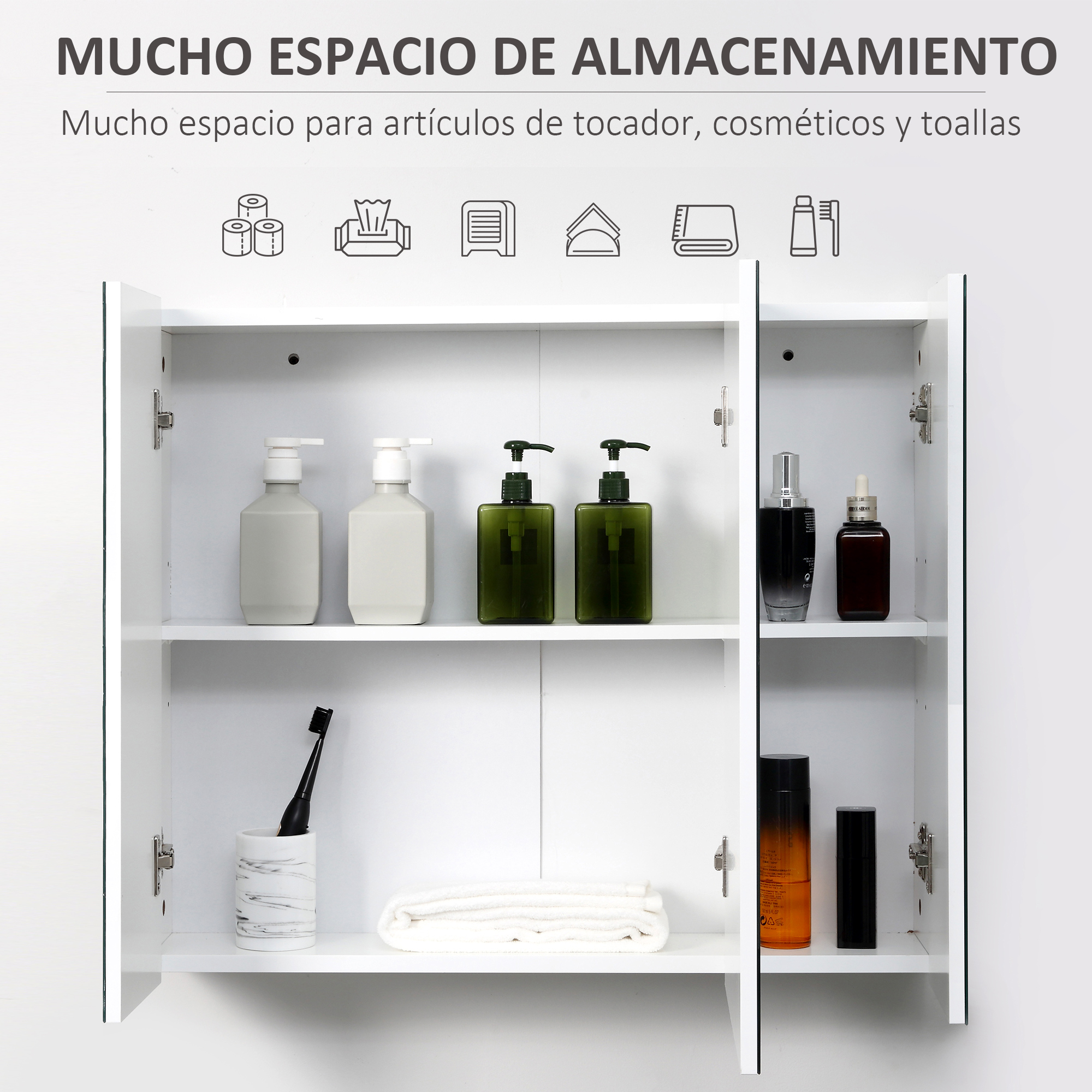 Un botiquín blanco con espejo y puertas abiertas, que muestra dispensadores, botellas y un cepillo.