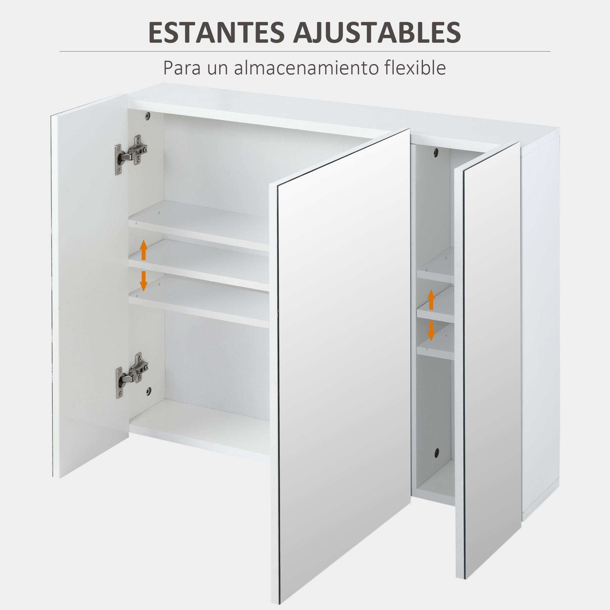 Un armario blanco con puertas abiertas, estantes ajustables y espejos.
