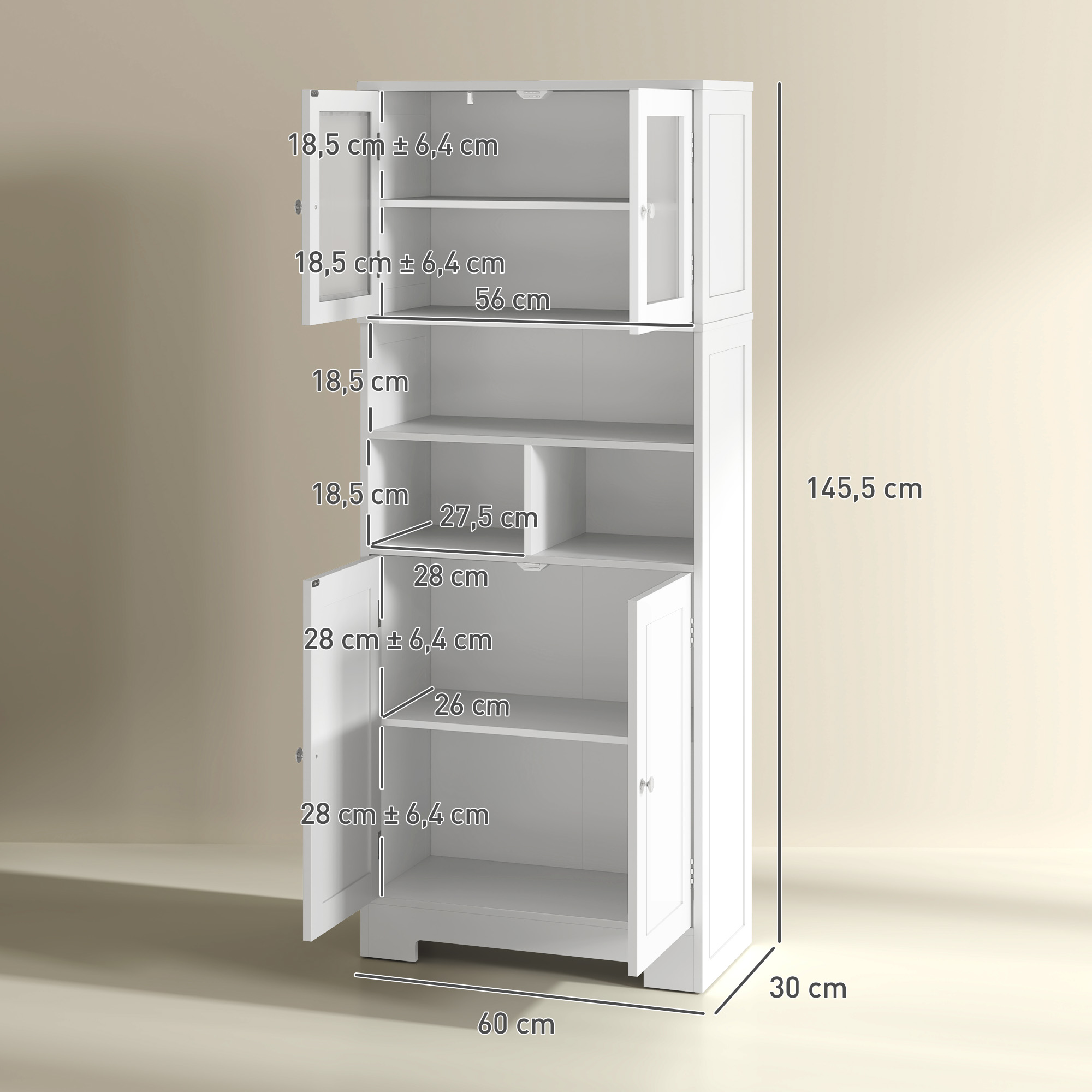 Un armario blanco con varios estantes y puertas de cristal.
