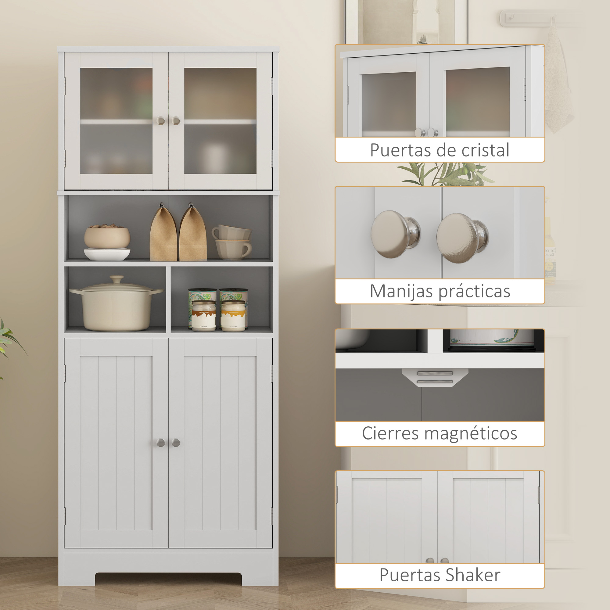 Un mueble de cocina blanco con puertas de cristal arriba, estante abierto y puertas abajo.
