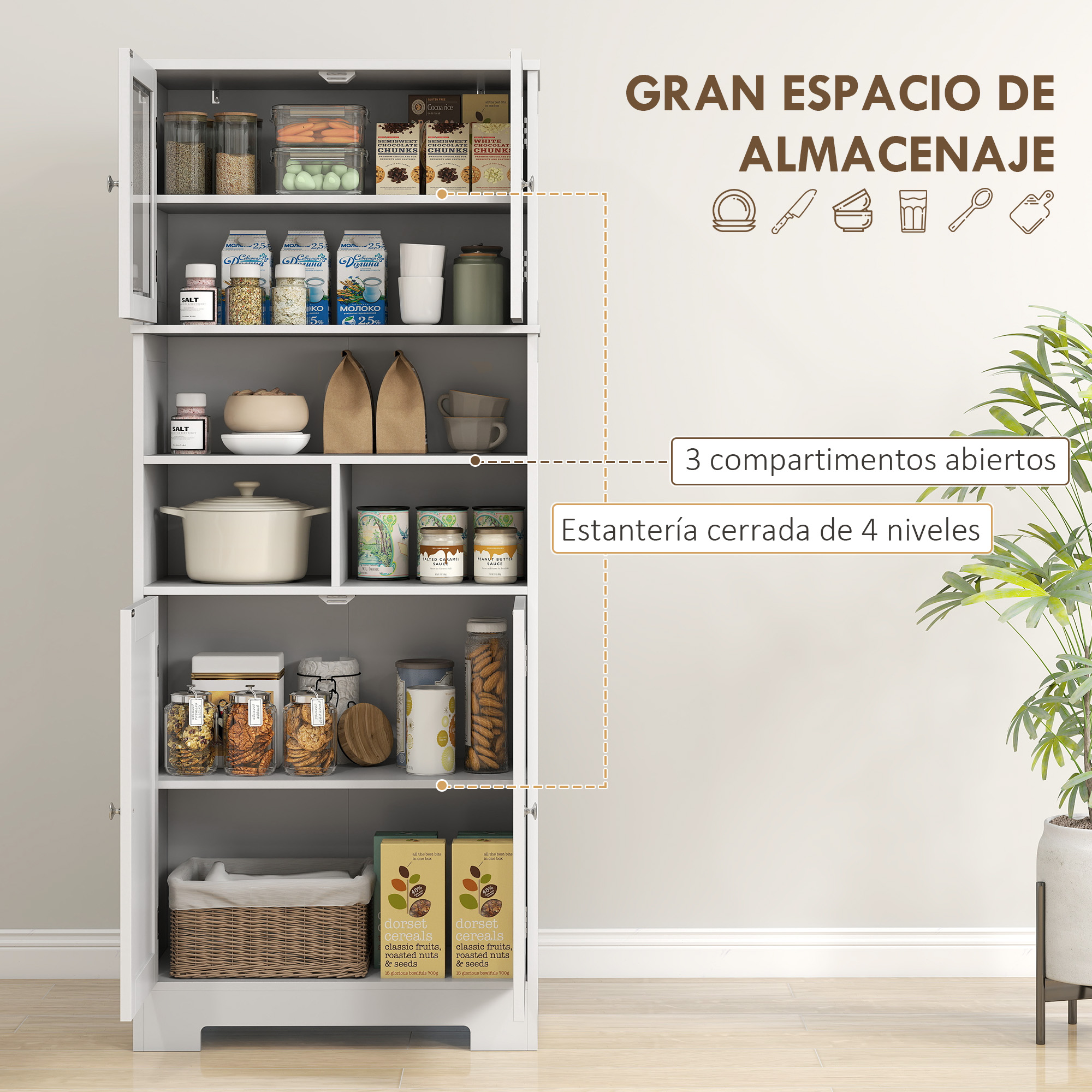 Un armario blanco con múltiples estantes llenos de alimentos y vajilla.