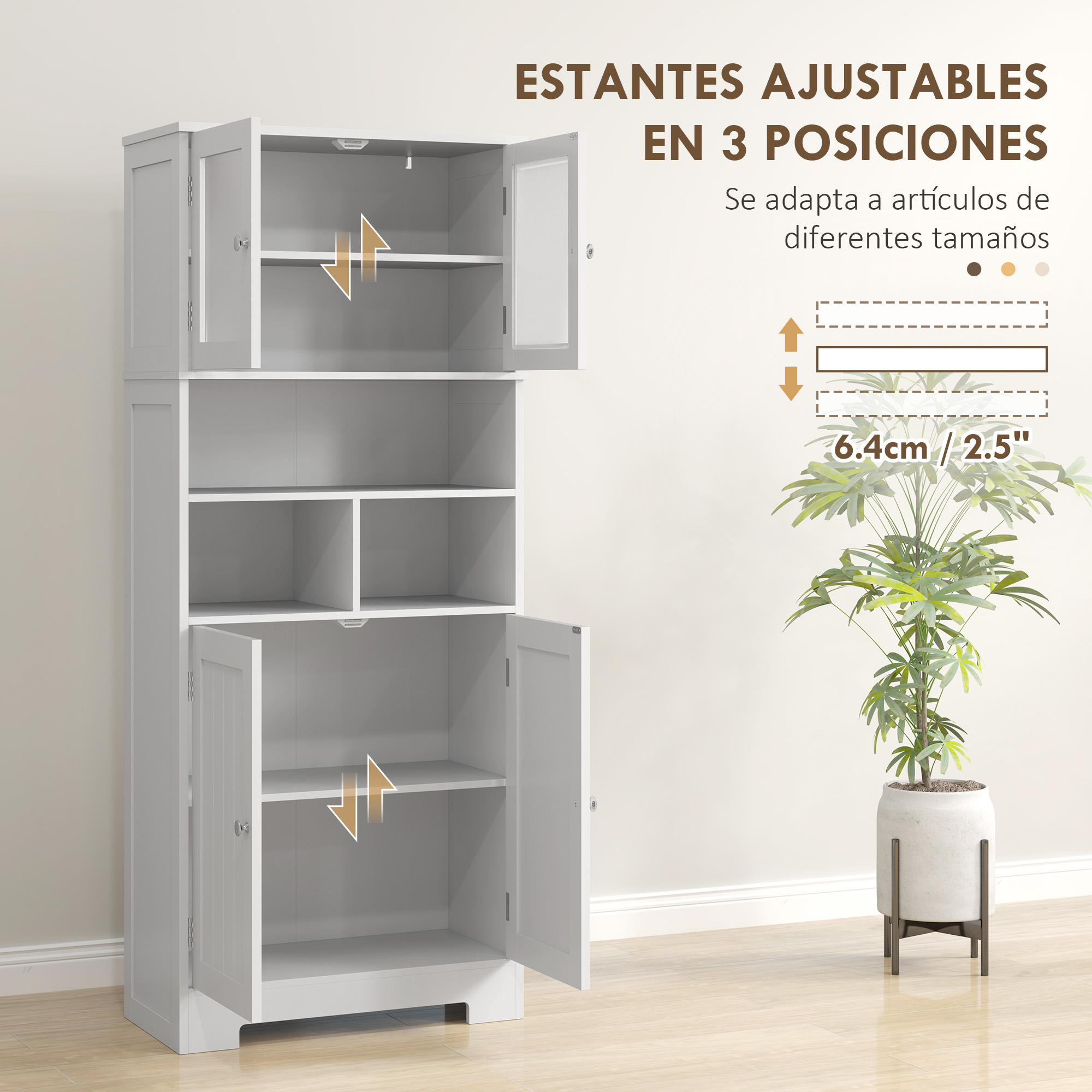 Un armario blanco con puertas abiertas que muestran estantes ajustables. Una planta en maceta a la izquierda.